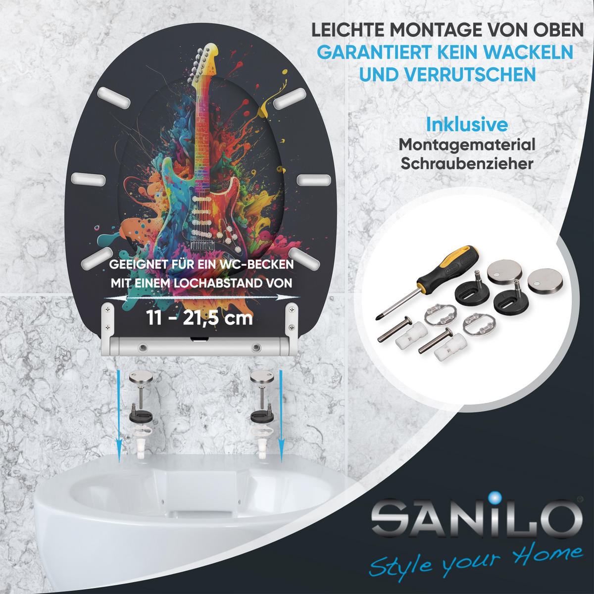 WC-SITZ mit Absenkautomatik & Top Fix Guitar - Schwarz, Holzwerkstoff (37.7/5.5/48cm) - Sanilo