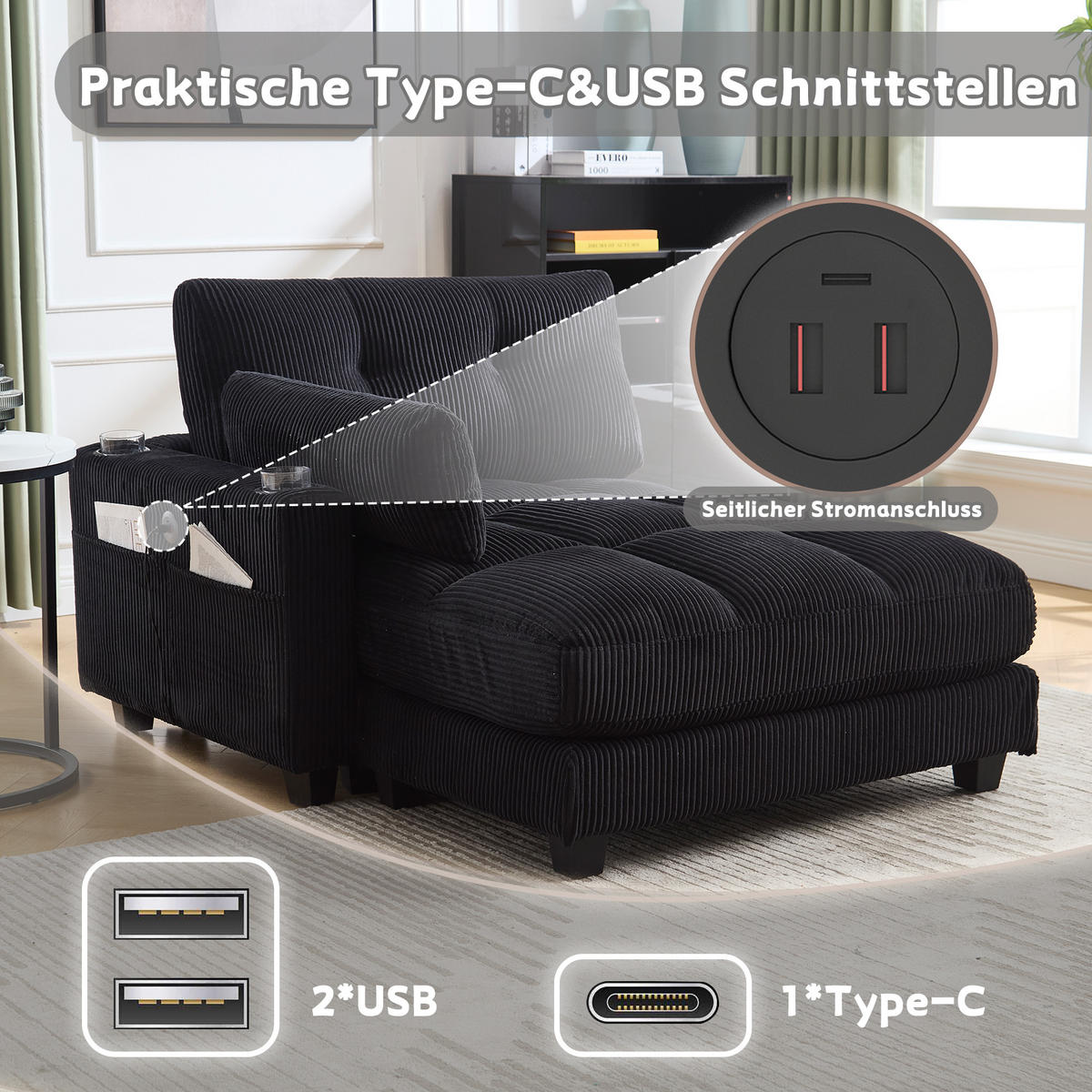 RÉCAMIERE Cord Schwarz mit Getränkehaltern, USB und Seitentasche - Schwarz, Holzwerkstoff/Kunststoff (140/81/121cm) - WISHDOR