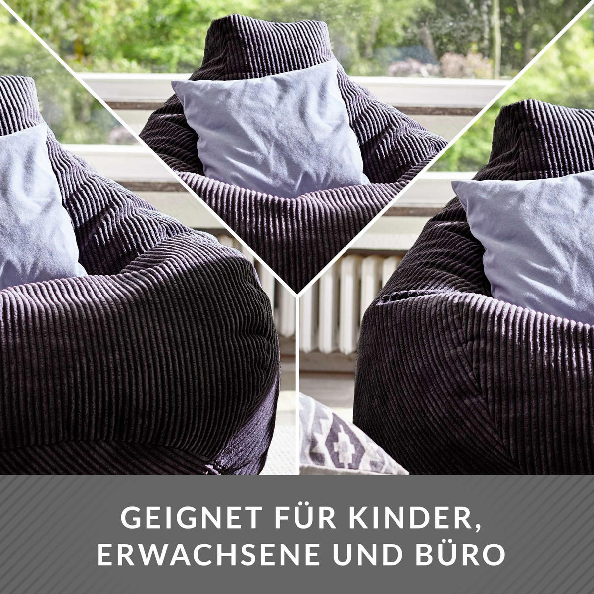 SITZSACK MIT RÜCKENLEHNE Cozy Cord - Schwarz, Textil (80/90/90cm) - Green Bean