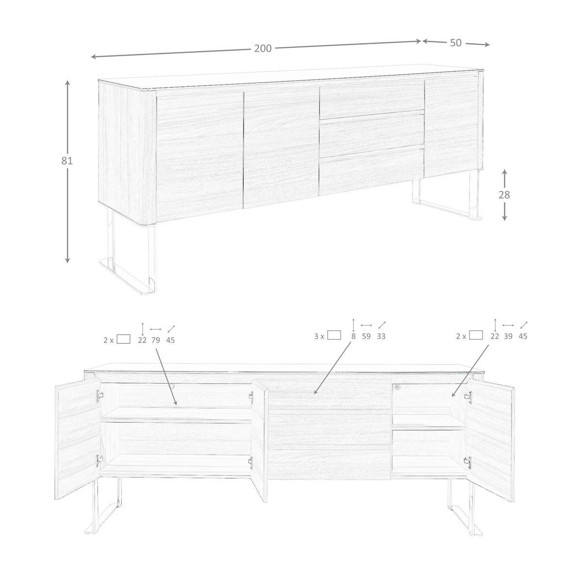 SIDEBOARD Walnuss Schwarz 200/50/81 cm - Walnussfarben/Schwarz, Holz/Metall (200/81/50cm) - ANGEL CERDA