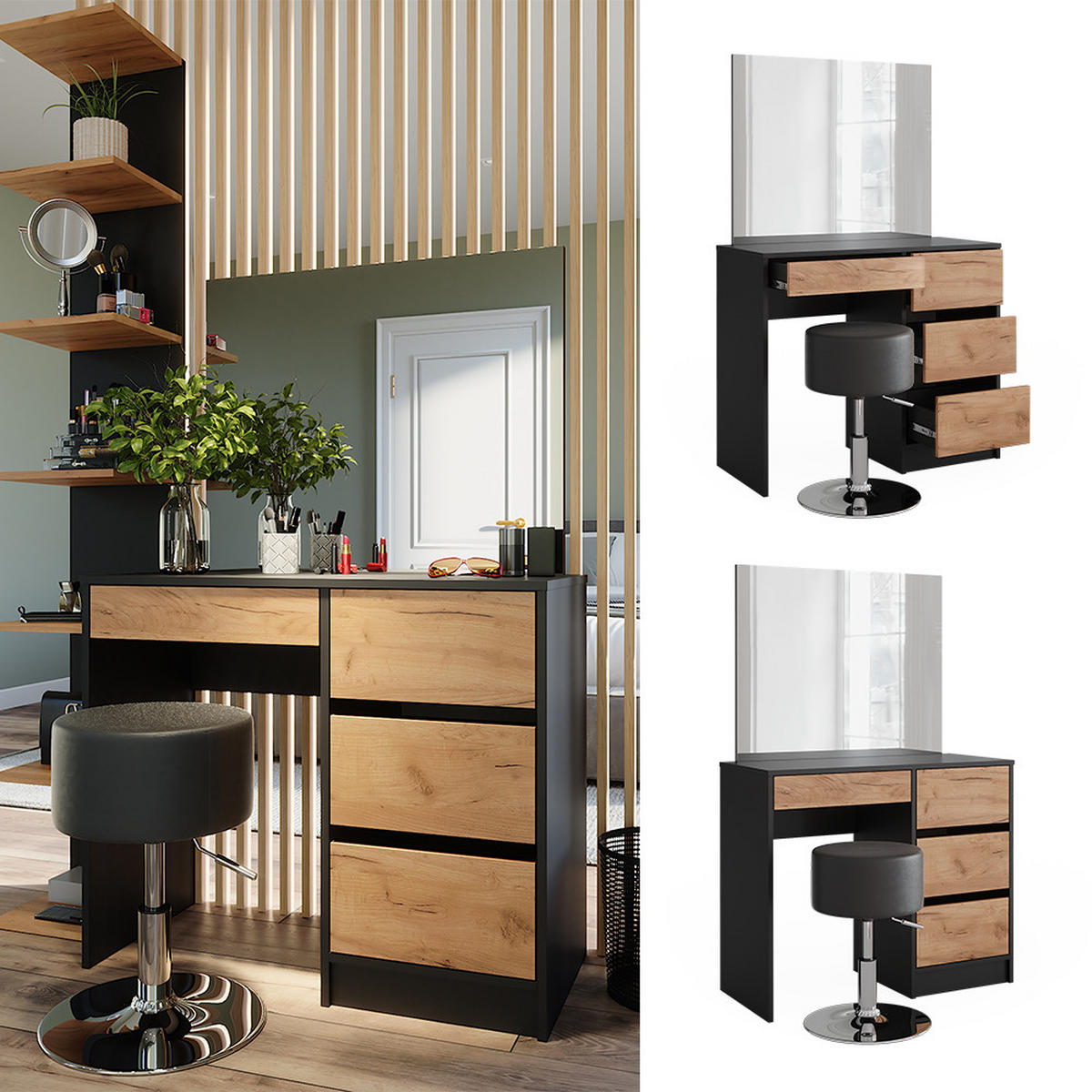 SCHMINKTISCH Sherry Anthrazit/Goldkraft Eiche 90 x 75 cm mit Spiegel & Hocker - Honigeiche/Anthrazit, Holzwerkstoff (90/75/40cm) - Vicco
