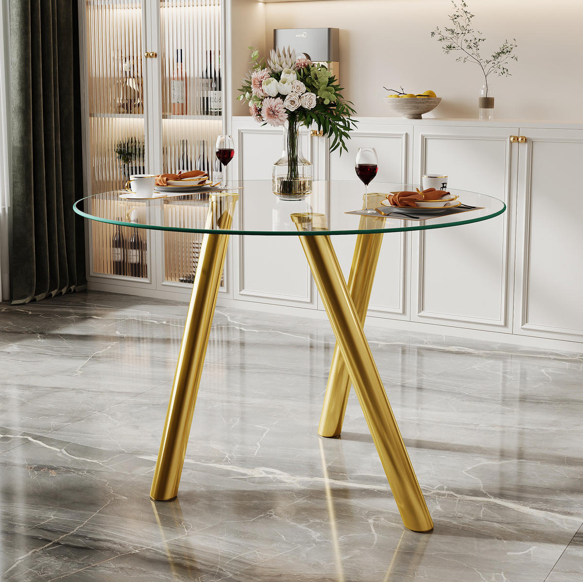 ESSTISCH rund aus Glas mit Metallgestell Gold - Goldfarben, Metall (89/89/76cm) - Meubliv