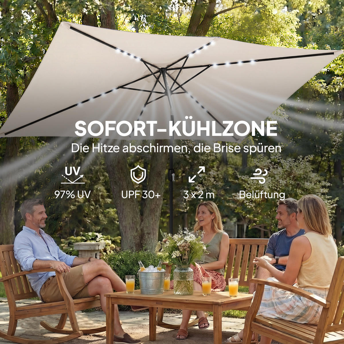 SONNENSCHIRM mit Solar LED Cremeweiß - Creme, Metall (198/289cm) - Outsunny