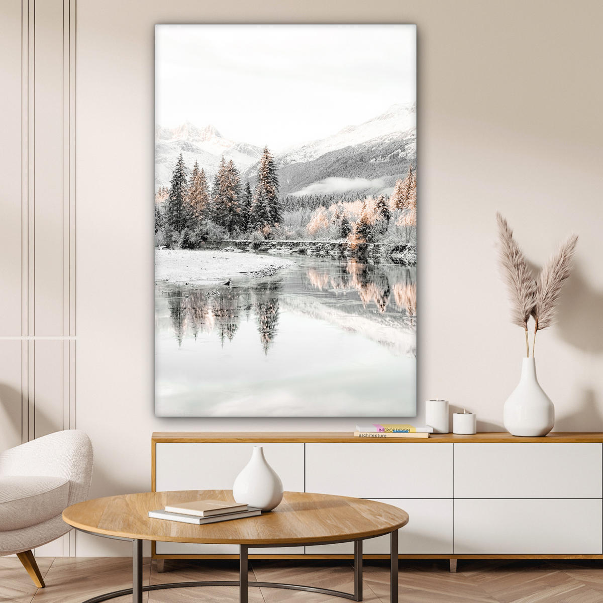 LEINWANDBILD Natur - Winter - Bäume - Berge - Schnee 90x140 cm - Weiß Hochglanz, Textil (90/140cm) - MuchoWow