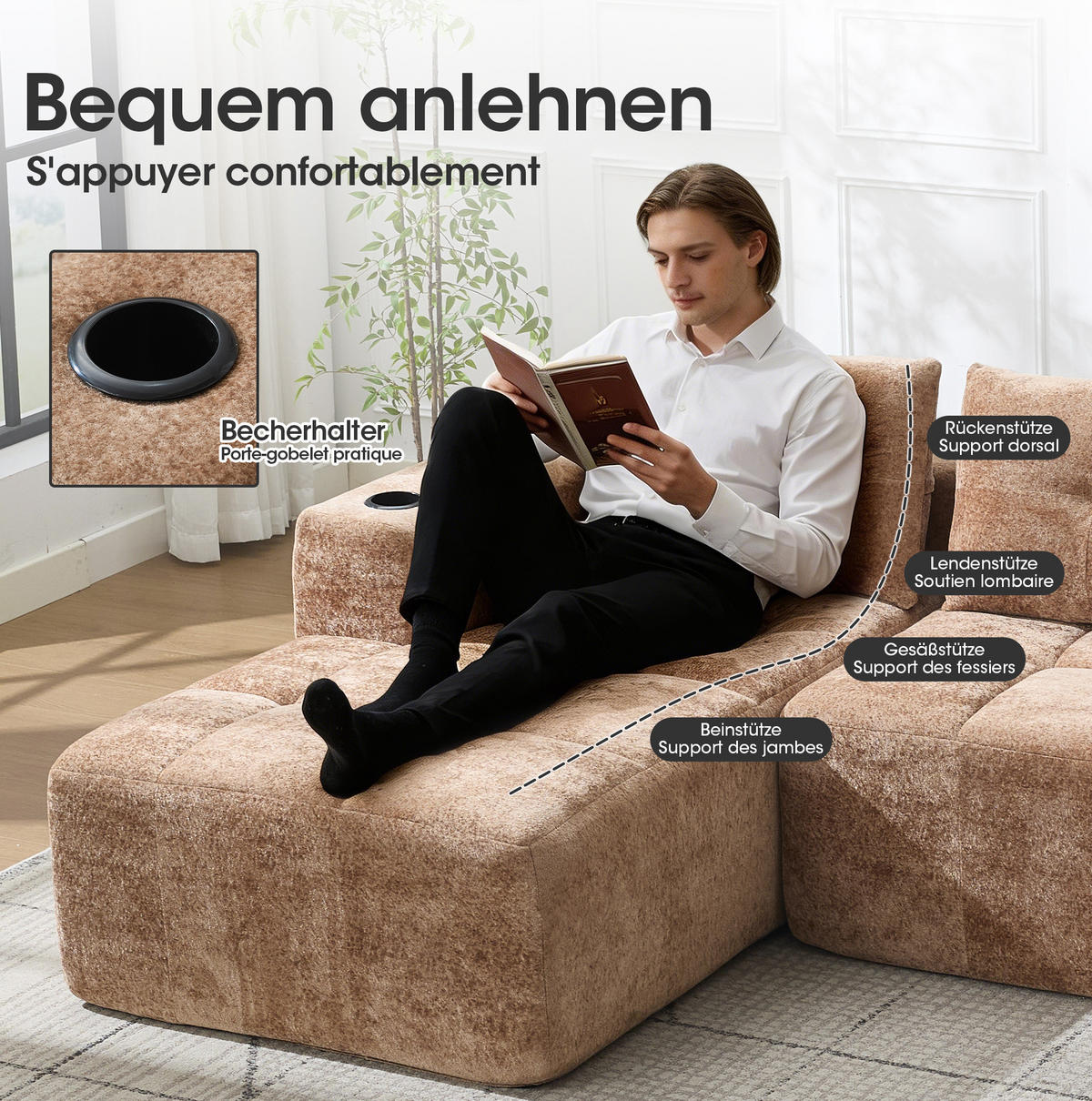 ECKSOFA 258 cm mit Becherhaltern, tiefem Sitzkomfort und Chenille-Bezug, Hellbraun - Hellbraun, Textil (258/163cm) - Redom