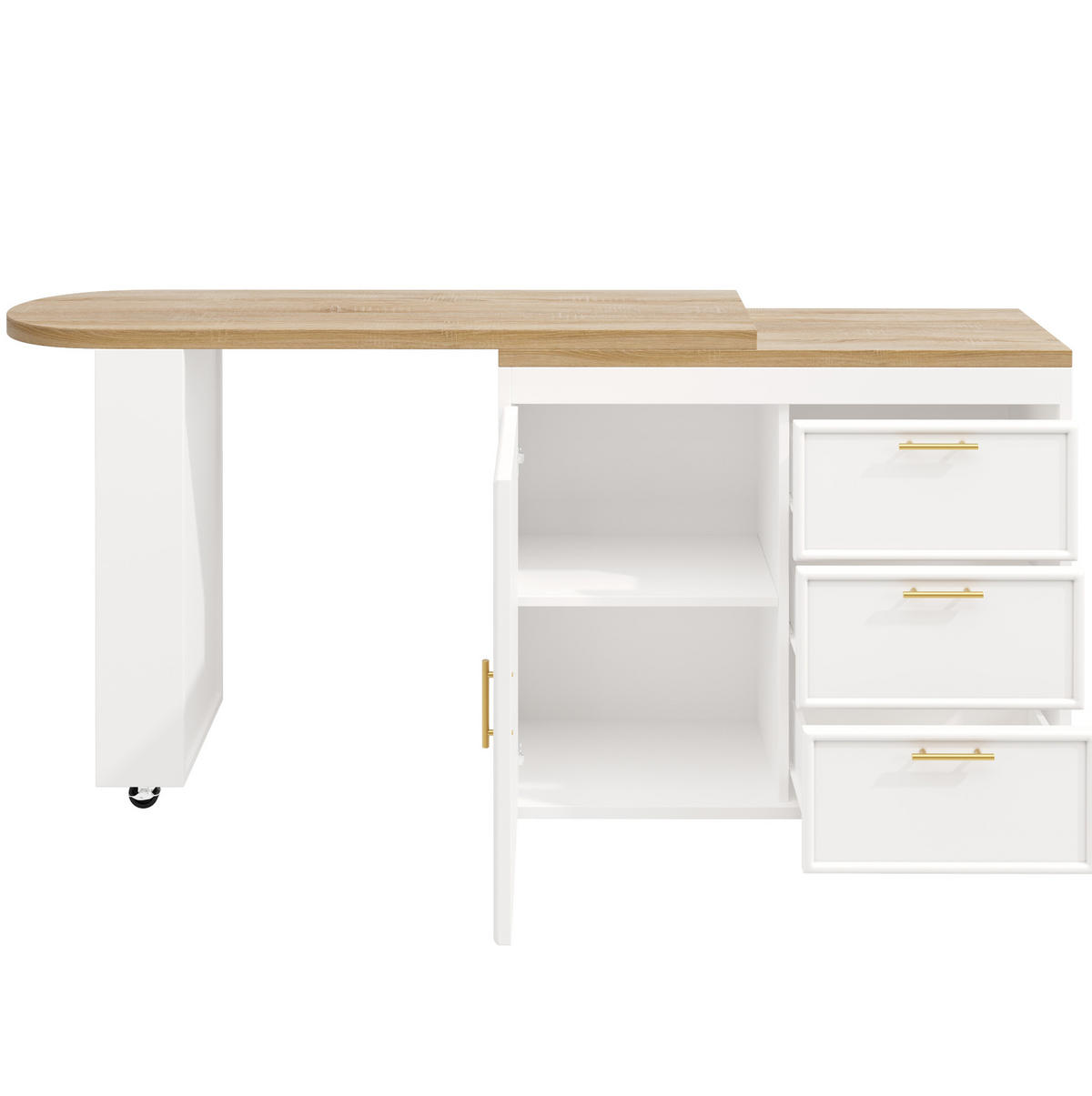 BARTISCH 128-203/39/90 cm mit 360°-Drehfunktion, 3 Schubladen und verstellbaren Regalböden, MDF/Metall, Weiß - Weiß, Holzwerkstoff (39/203/90cm) - Redom