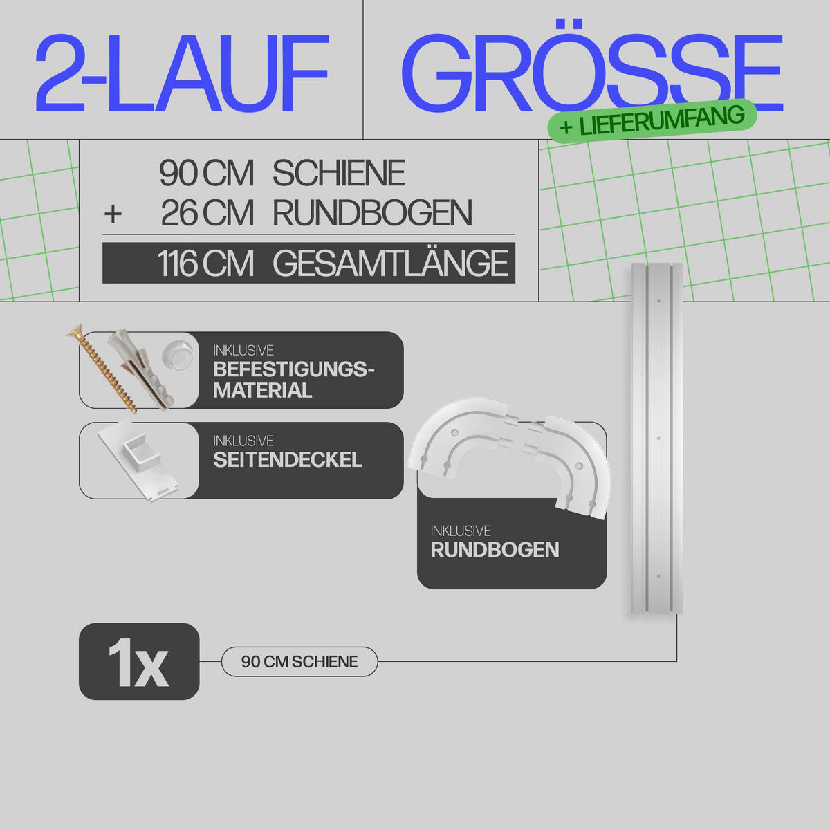 GARDINENSCHIENE - Komplettset inkl. Zubehör 90cm 2-läufig + 2er Set Rundbogen - Weiß, Kunststoff (10/90cm) - Bestlivings