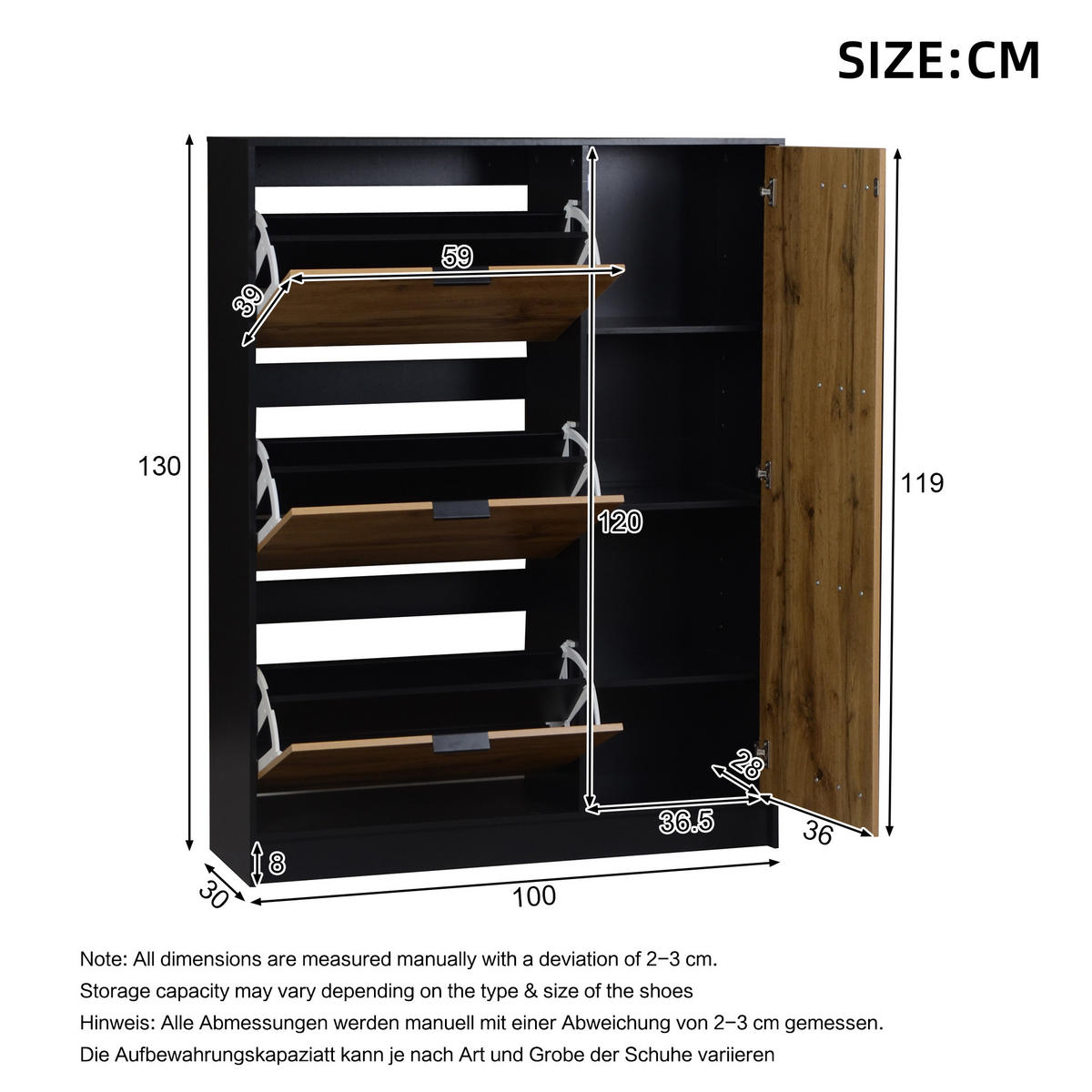 SCHUHSCHRANK Naturholzfarbe und Schwarz 100/30/130 cm - Naturfarben, Holzwerkstoff (100/130/30cm) - PANGIVO