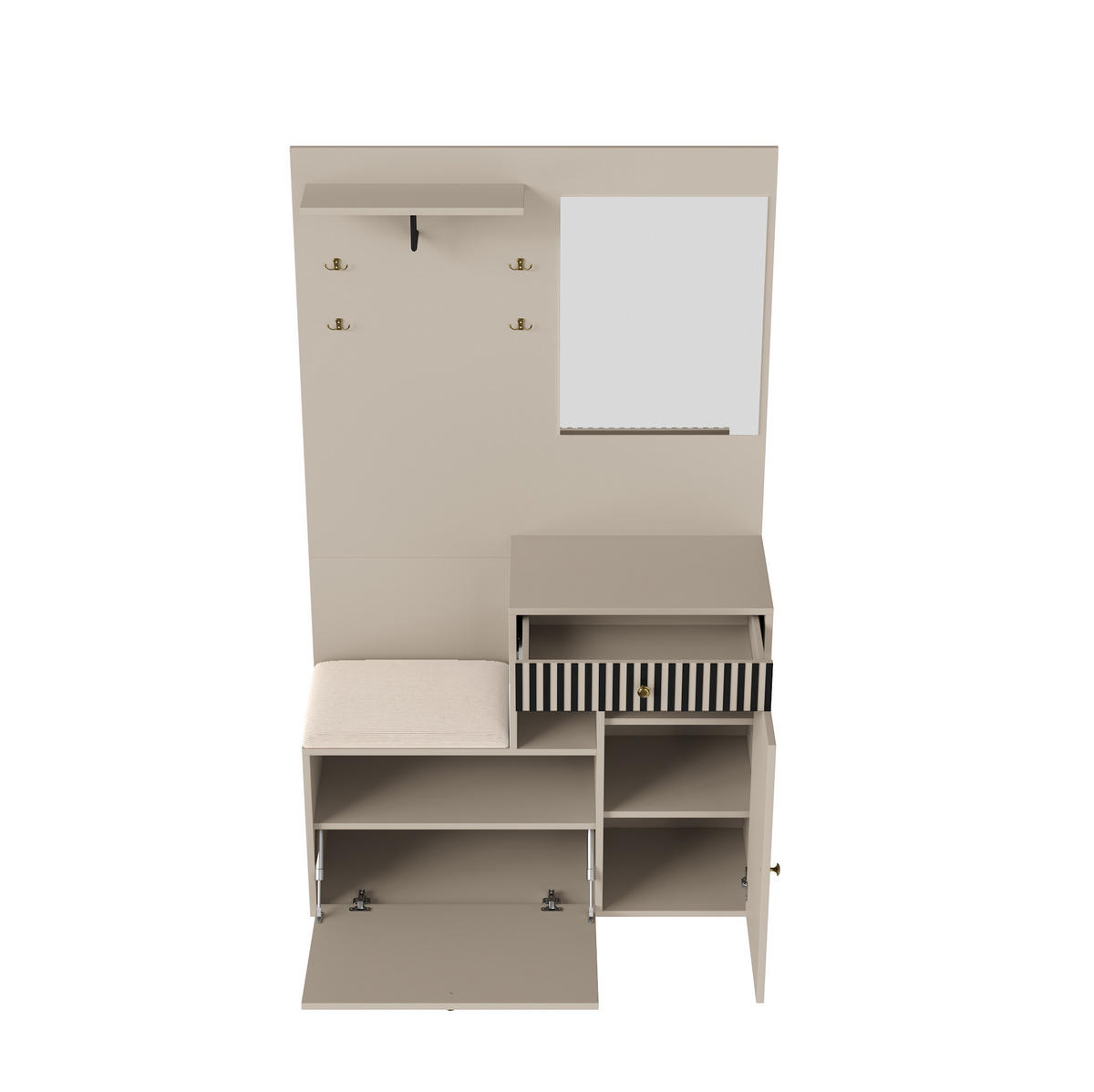 GARDEROBENSET 110/37/185,5 cm mit Spiegel, gepolsterter Sitzfläche, Soft-Close und verstellbaren Regalen, Beige/Creme - Beige, Holzwerkstoff (110/185.5/37cm) - Redom