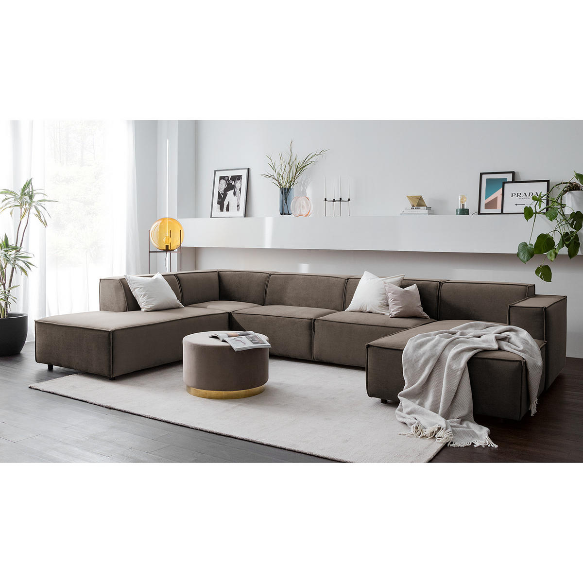 WOHNLANDSCHAFT mit Longchair & Ottomane - Taupe/Schwarz, Kunststoff/Textil (369/70/234cm) - home24