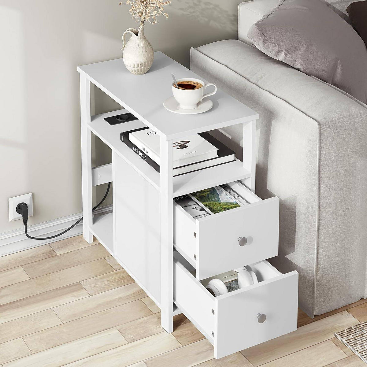 BEISTELLTISCH mit Steckdose, 60x60x30 cm - Weiß, Holzwerkstoff (30/60/60cm) - Woltu