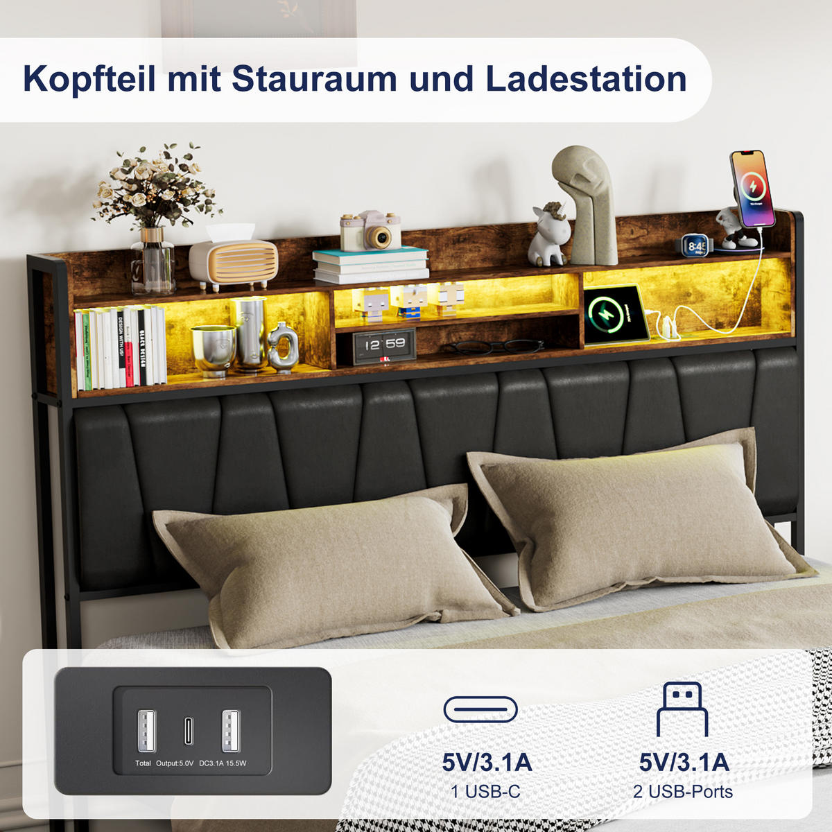 POLSTERBETT 140x200 cm, 4 Stauraumschubladen, LED-Leiste, Doppel-USB, in Braun - Braun, Holz (140/200cm) - BRILVERDE