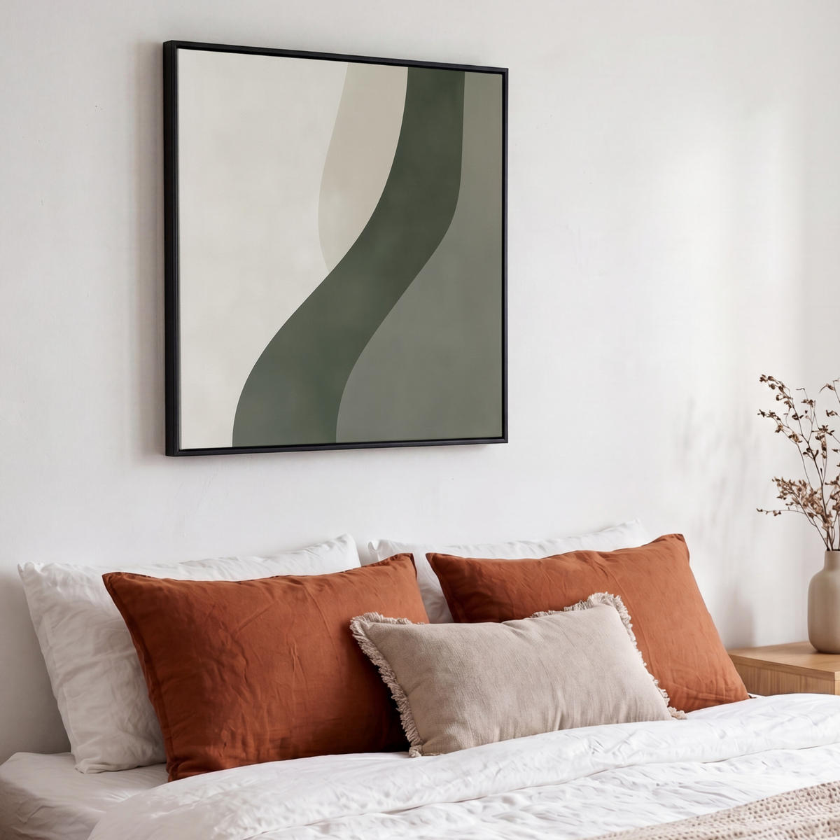 LEINWAND Bilder mit Rahmen - Japandi - Grün - Abstrakt - Modern - 50x50 - Salbeigrün, Textil (50/50cm) - MuchoWow