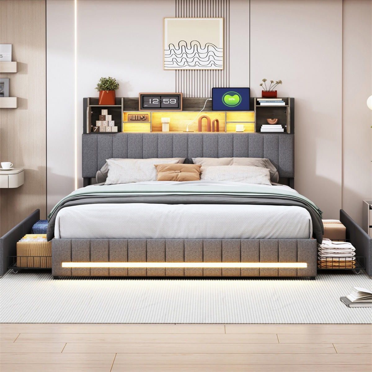 POLSTERBETT 160x200cm - Doppelbett 160x200cm mit Schubladen - RGB-LED-Beleuchtung - ohne Matratze - Grau - Grau, Textil (160/200cm) - DELFA