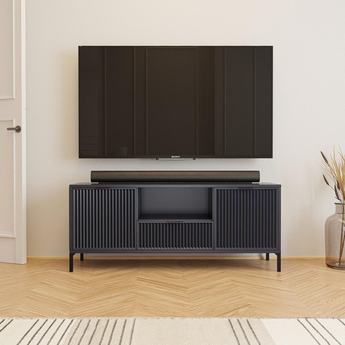 TV-LOWBOARD mit 1 Schublade und 2 Türen, Beige - Schwarz/Dunkelblau, Holzwerkstoff/Metall (135/56.1/40.6cm) - Idohome