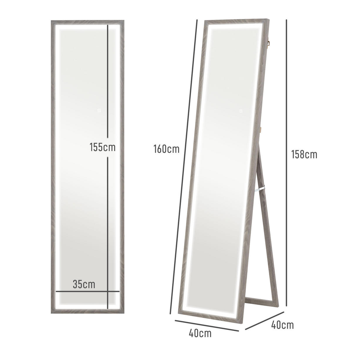 GANZKÖRPERSPIEGEL 40 x 160 cm Standspiegel mit LED-Lichte, 3 Lichtfarben, Grau - Grau, Glas (5/160/40cm) - HOMCOM