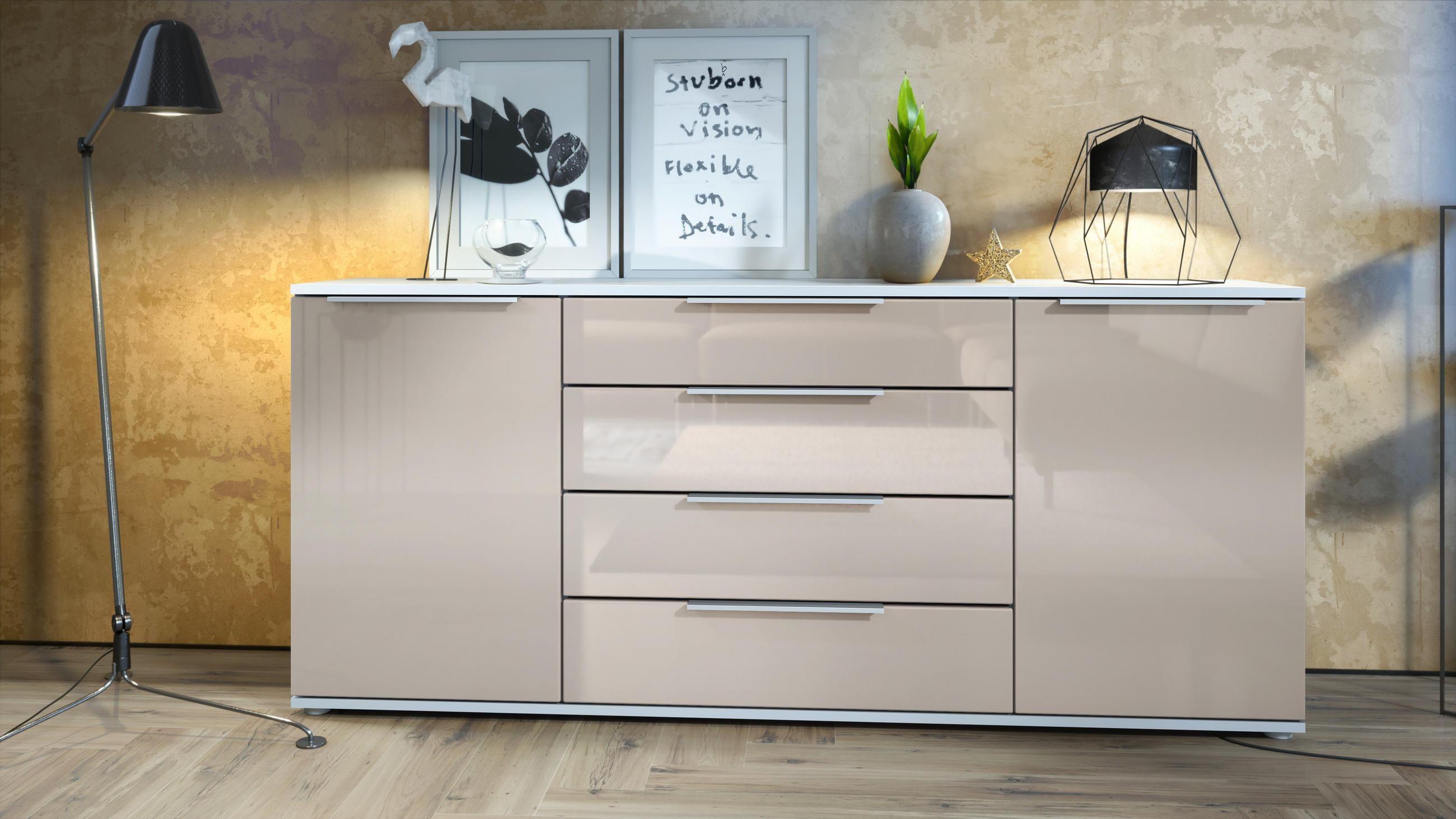 SIDEBOARD Linio Sandgrau Hochglanz - Sandfarben, Holzwerkstoff (166.5/75.5/35cm) - Vladon