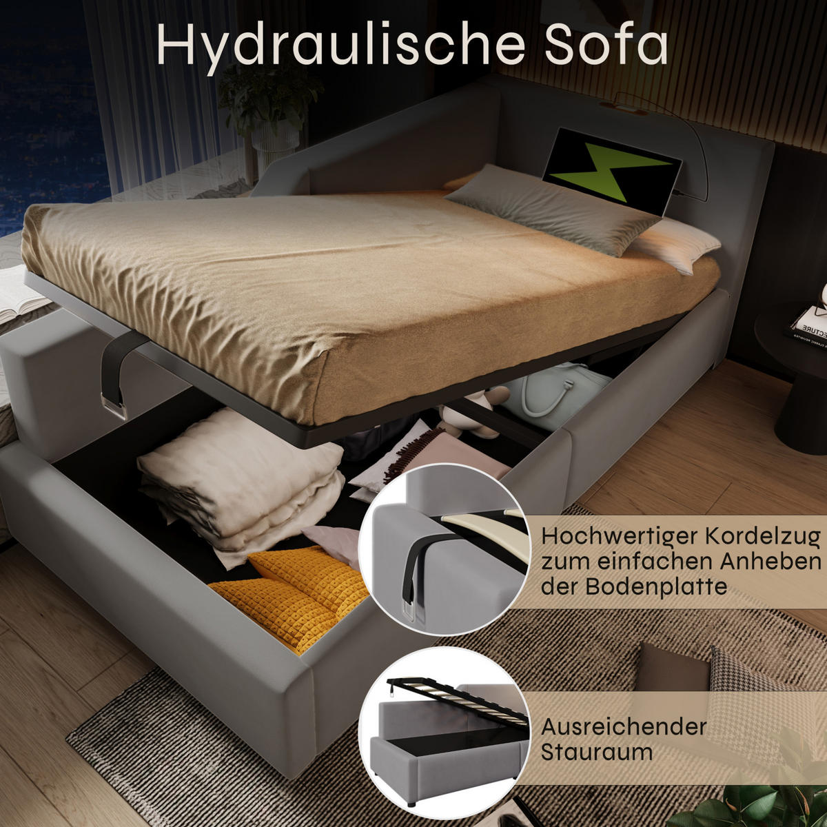 POLSTERBETT aus Samt 90x200 cm in Grau mit Stauraum, USB-C & Leselampe - Grau, Textil (90/200cm) - Modfu