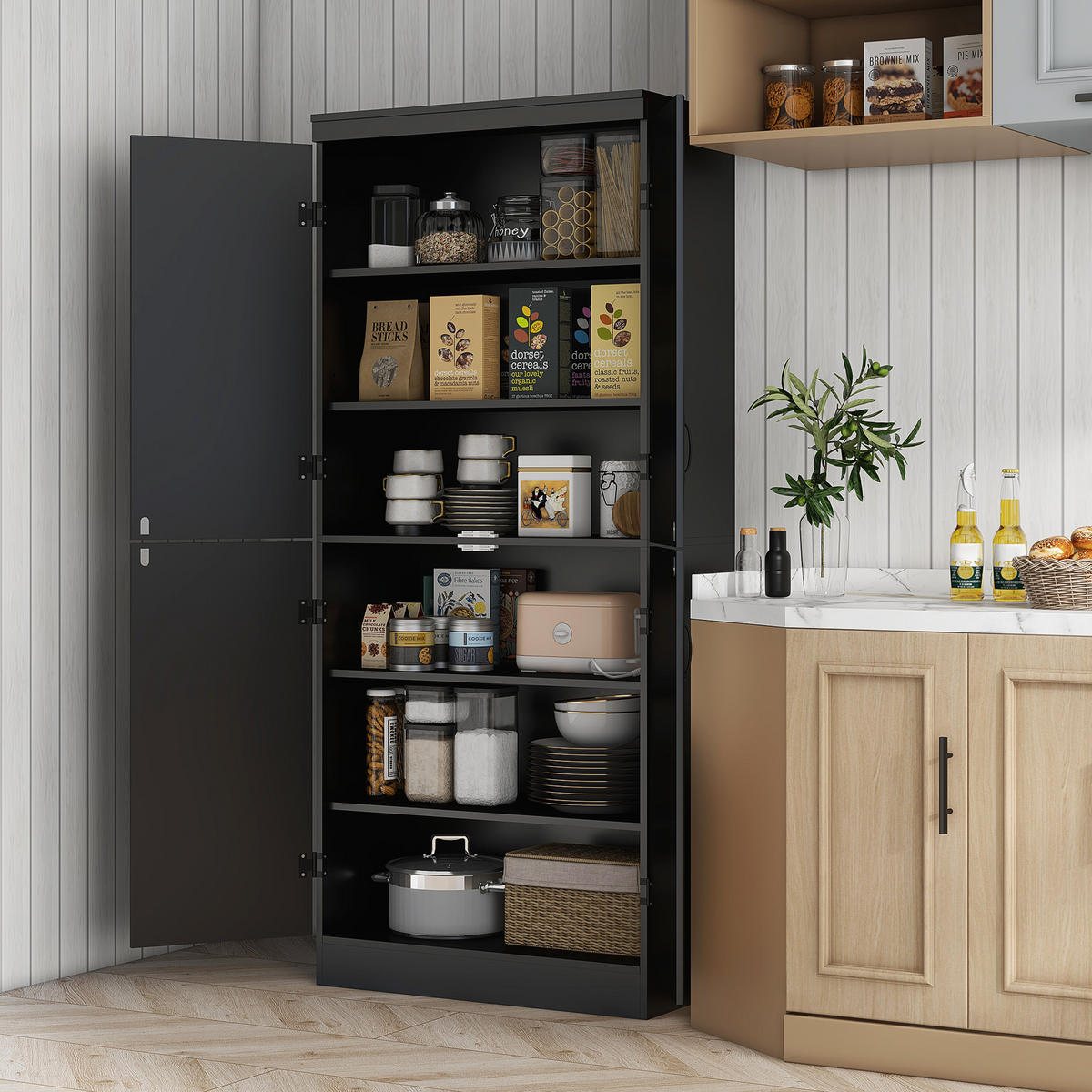 HIGHBOARD DE-11215 4 Türen & 6 Ebenen mit verstellbaren Böden Schwarz - Schwarz, Holzwerkstoff (40/176.7/76cm) - ComfortXL