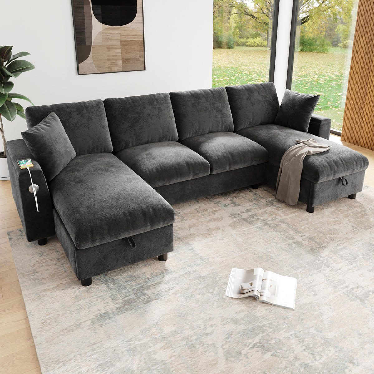 WOHNLANDSCHAFT Chenille Grau mit Stauraum, USB und Type-C - Grau, Holzwerkstoff/Kunststoff (284/84/135cm) - WISHDOR