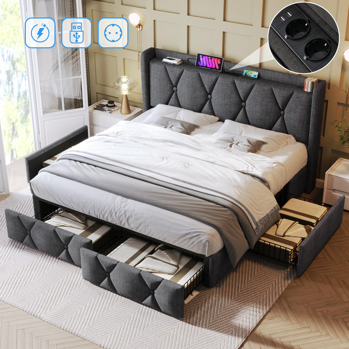 POLSTERBETT 140/200 cm mit 4 Schubladen & Kopfteil mit 2 Steckdosen + 2 USB, Leinen Grau - Grau, Textil (140/200cm) - Redom