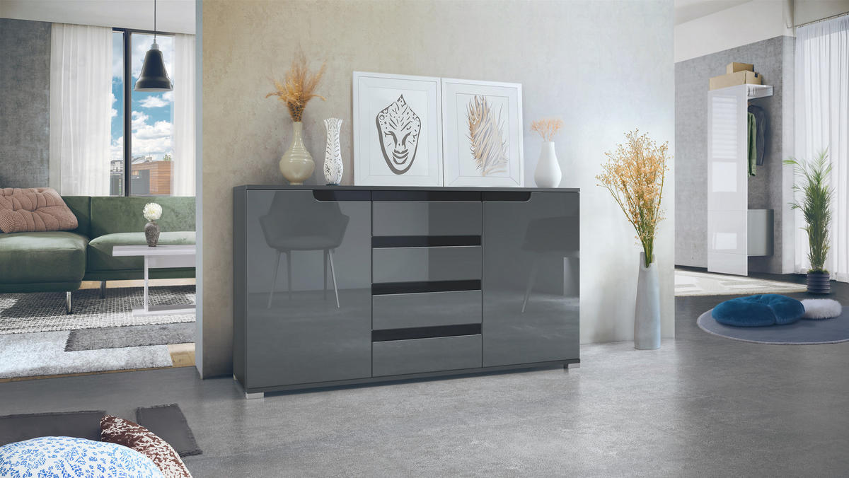 SIDEBOARD Sylt Grau Hochglanz / Schwarz Hochglanz - Grau, Holzwerkstoff (138.5/75.5/35cm) - Vladon