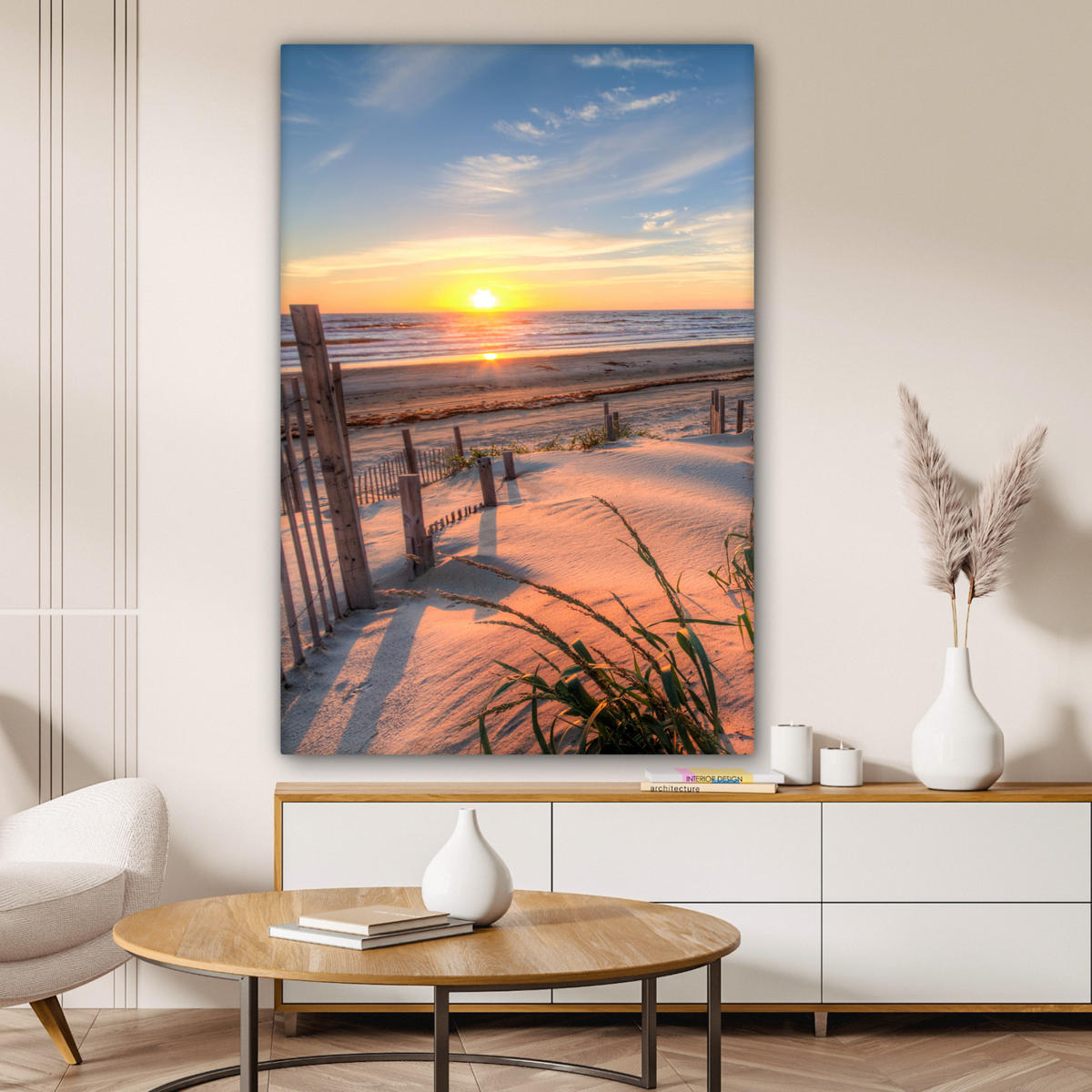 LEINWANDBILD Strand - Meer - Düne - Sonnenuntergang - Landschaft 90x140 cm - Beige, Textil (90/140cm) - MuchoWow