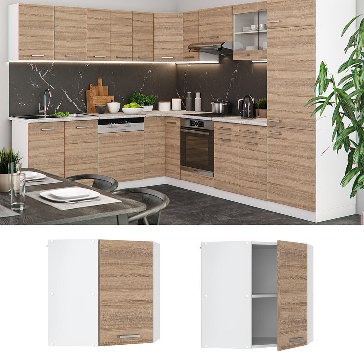 ECKHÄNGESCHRANK R-Line Sonoma 57 cm - Weiß/Sonoma Eiche, Holzwerkstoff (57/60/34.1cm) - Vicco