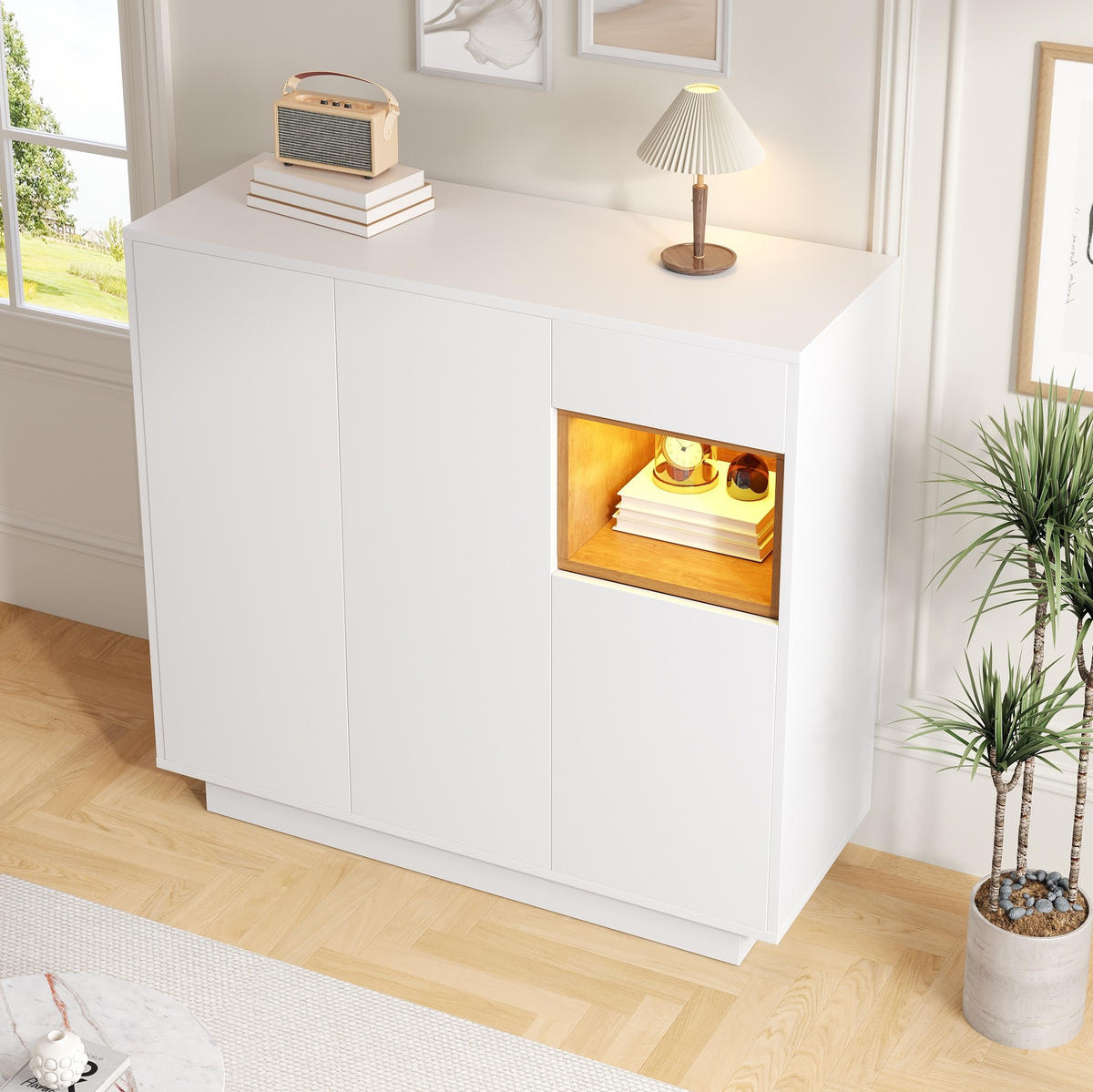 SCHUHSCHRANK 105/39,5/100,5 cm in Weiß/Natur mit LED-Beleuchtung und Schublade - Naturfarben, Holzwerkstoff (105/100/39cm) - Flora Grace