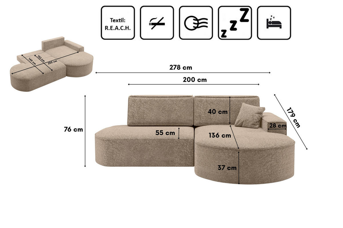 ECKSOFA Modena Pro - Komfort Und Stil stoff Arena Dunkelbeige Rechts - Taupe, Holz (278/179cm) - Kaiser Möbel