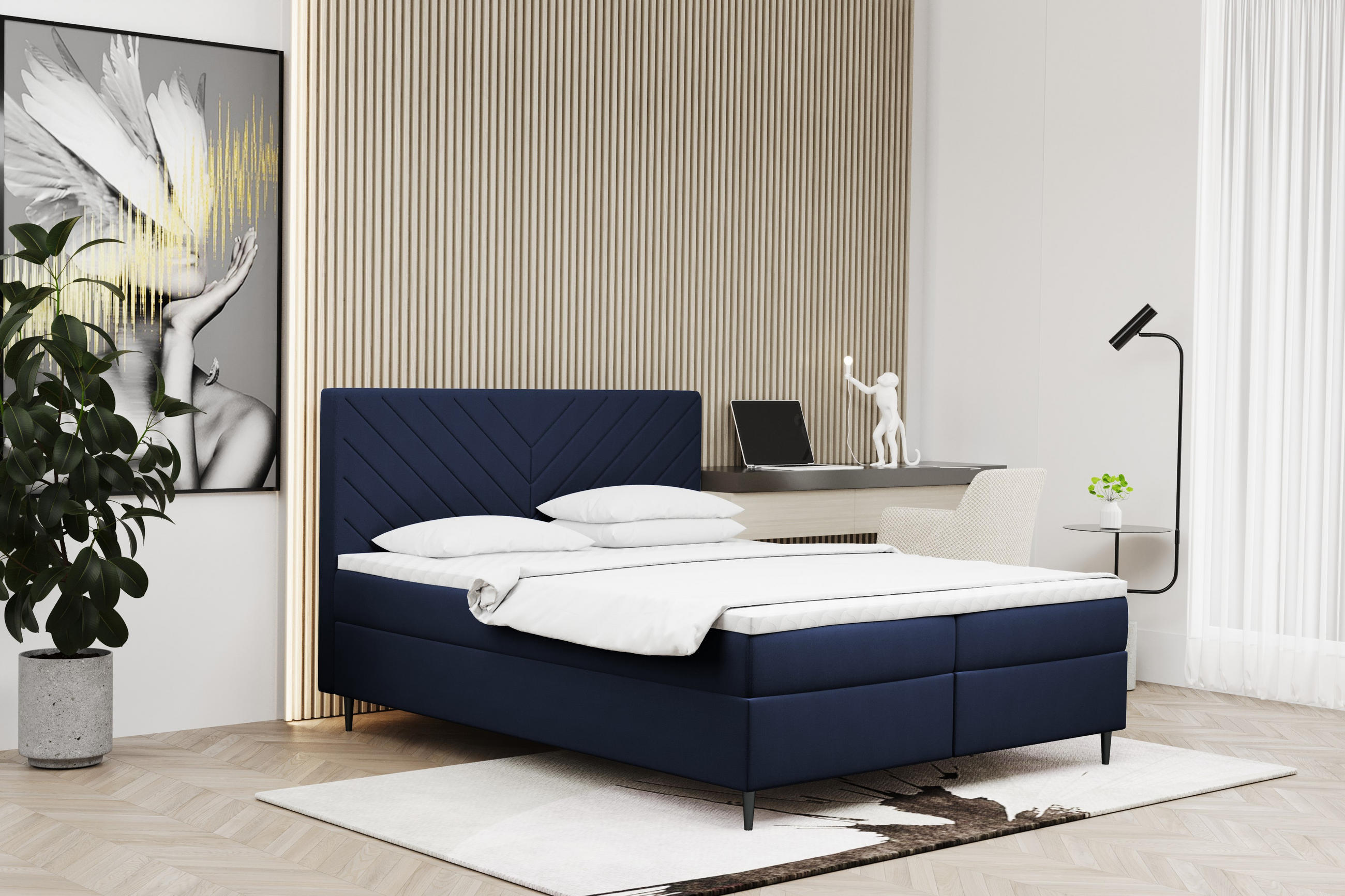 BOXBETT Mit Bettkasten Und Matratze + Topper RUGIA Stoff Velvet Marineblau 160x200 cm H2-Pocket - Dunkelblau, Holz/Holzwerkstoff (160/200cm) - Kaiser Möbel