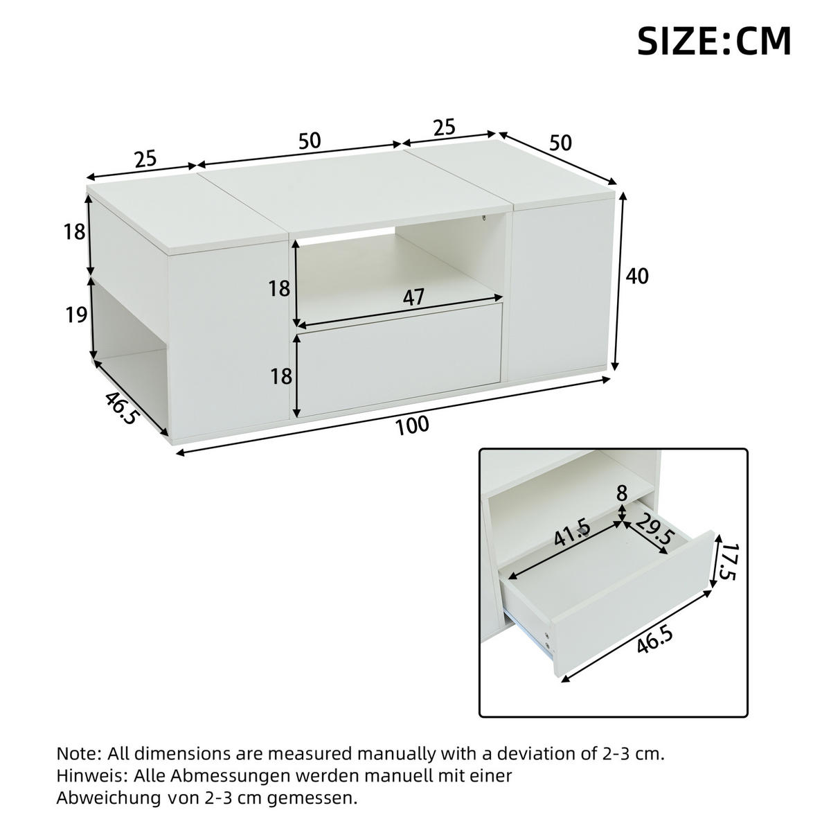 KONFERENČNÍ stolek 100/50/40 cm bílý z dřevotřísky s LED osvětlením a úložným prostorem - bílá, kompozitní dřevo (100/50/40cm) - OKWISH