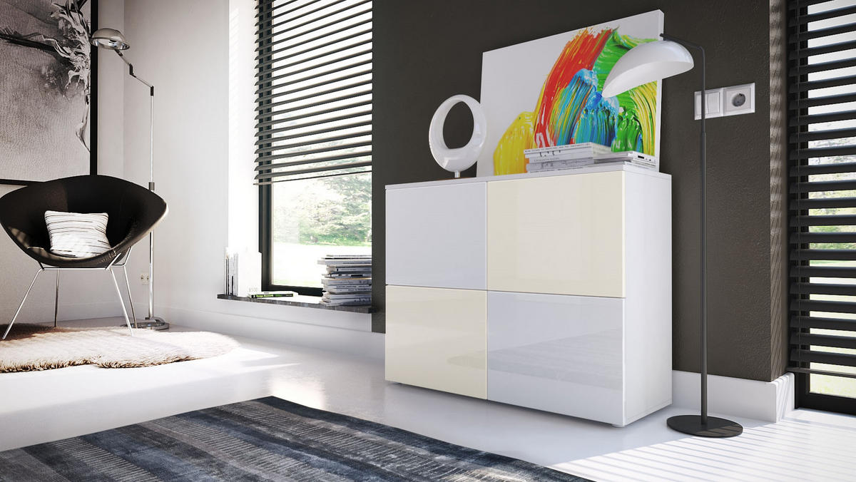 KOMMODE Rova Weiß Hochglanz / Creme Hochglanz - Weiß Hochglanz/Creme, Holzwerkstoff (92/72/35cm) - Vladon