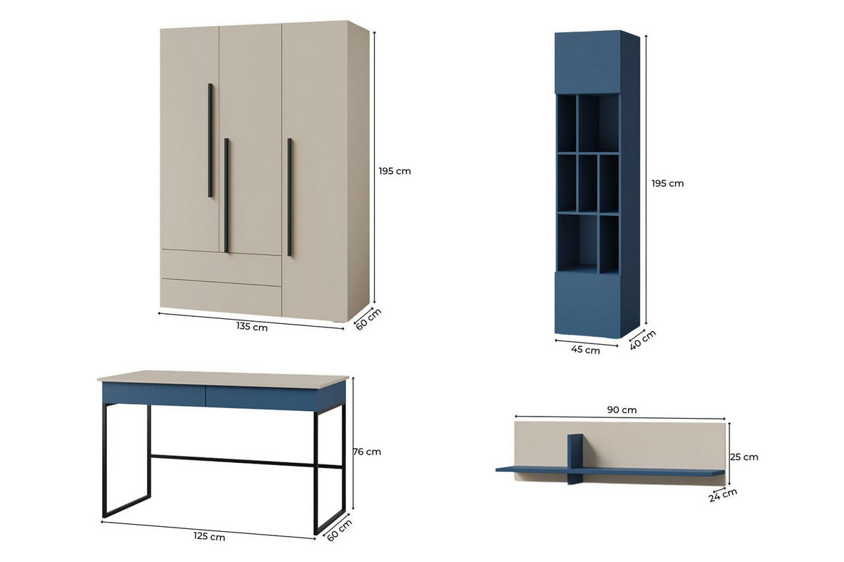 JUGENDZIMMER-SET LIMA A 4-teilig in Kaschmir/Meeresblau - Kaschmir/Blau, Holzwerkstoff (305/195/60cm) - Deine Möbel 24