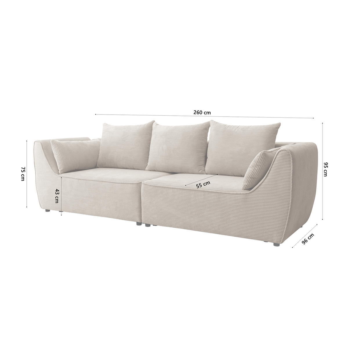 SOFA GRABO mit Schlaffunktion, Creme - Creme, Textil (260/75/145cm) - Fedve