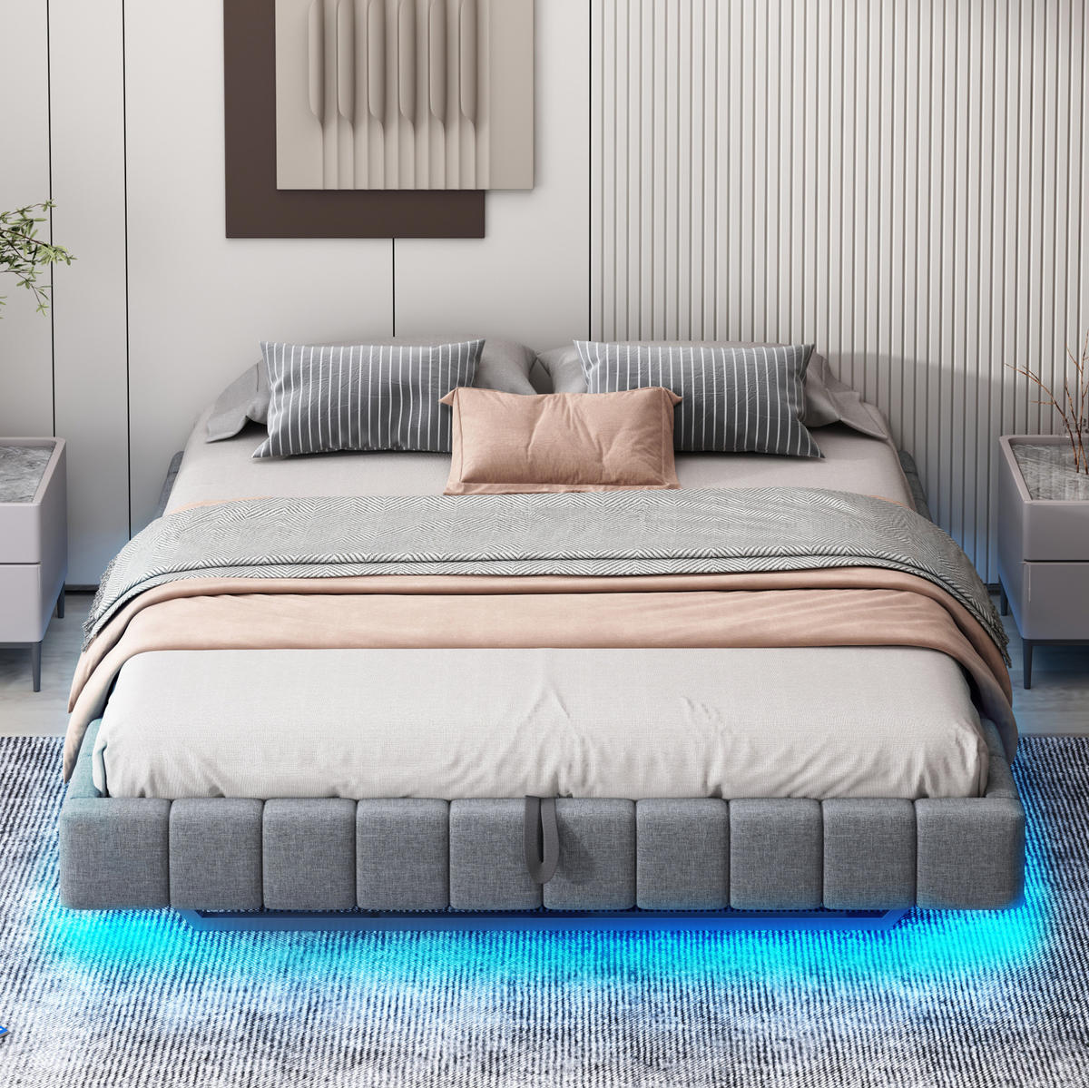 POLSTERBETT 180/200 cm Grau mit Stauraum und LED-Beleuchtung aus Leinen - Grau, Textil (180/200cm) - OKWISH
