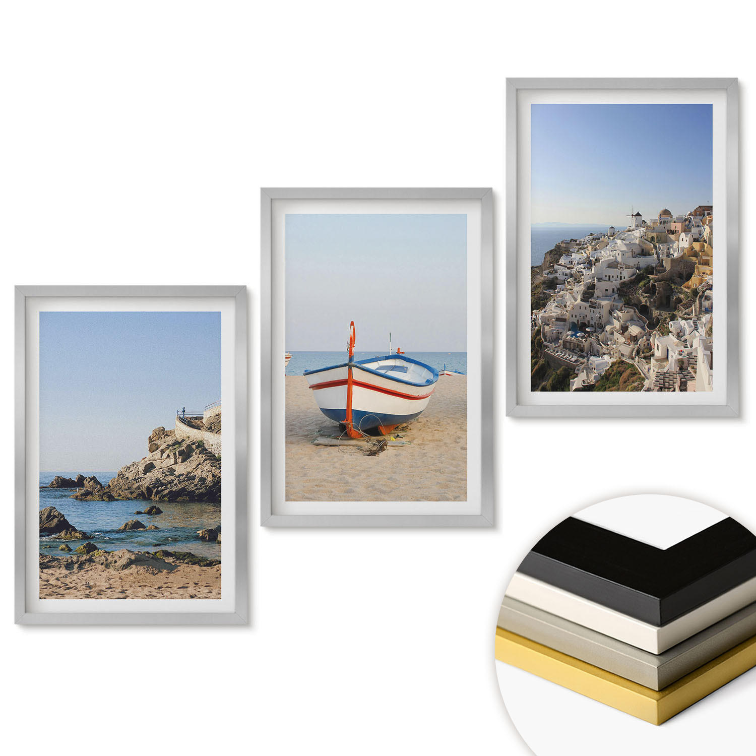 WANDBILDER 3er Set - 40x60 cm Silberner Rahmen - Ansichten von Griechenland mit einem Boot und Häusern - Silberfarben, Kunststoff (40/60cm) - ArtPrintCave