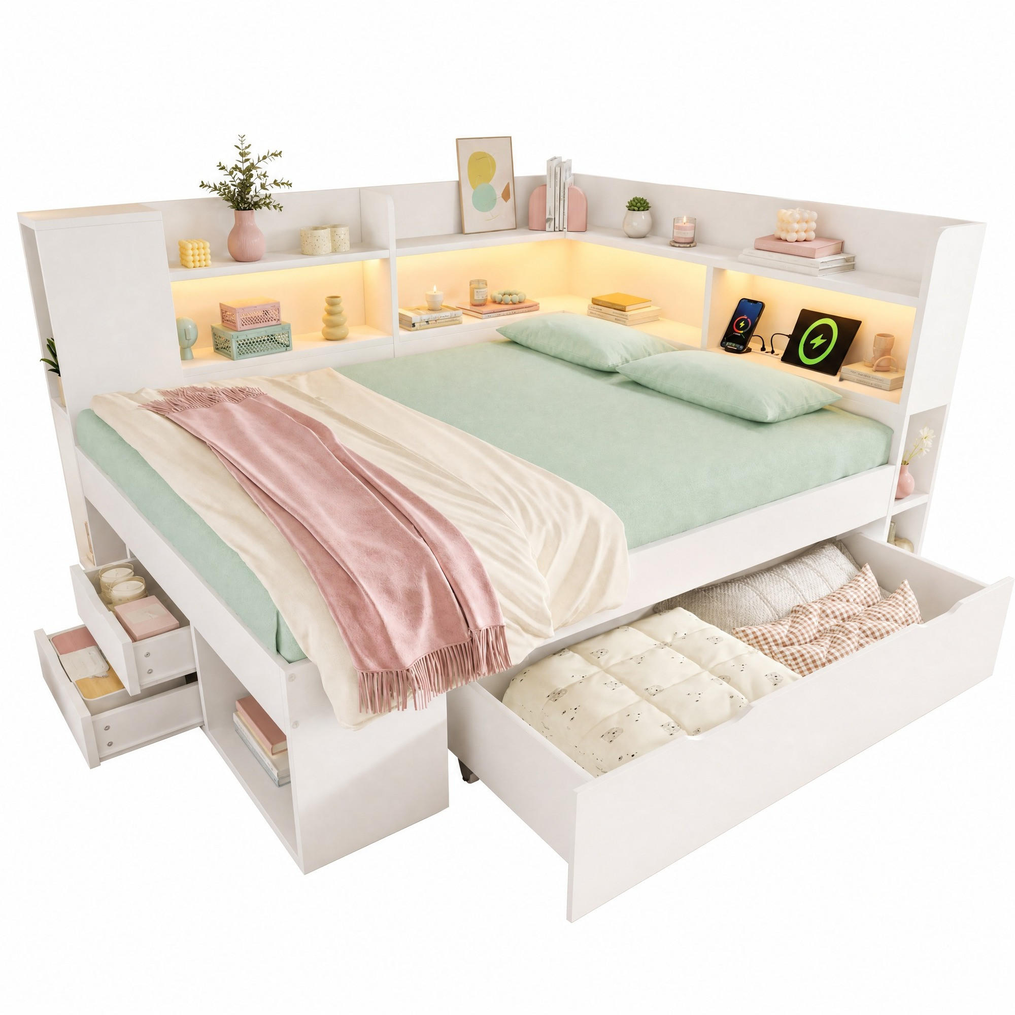 JUGENDBETT 140/200 mit LED, USB/Type-C, Stauraum und Schubladen in Weiß - Weiß, Holzwerkstoff (140/200cm) - EVRYAE