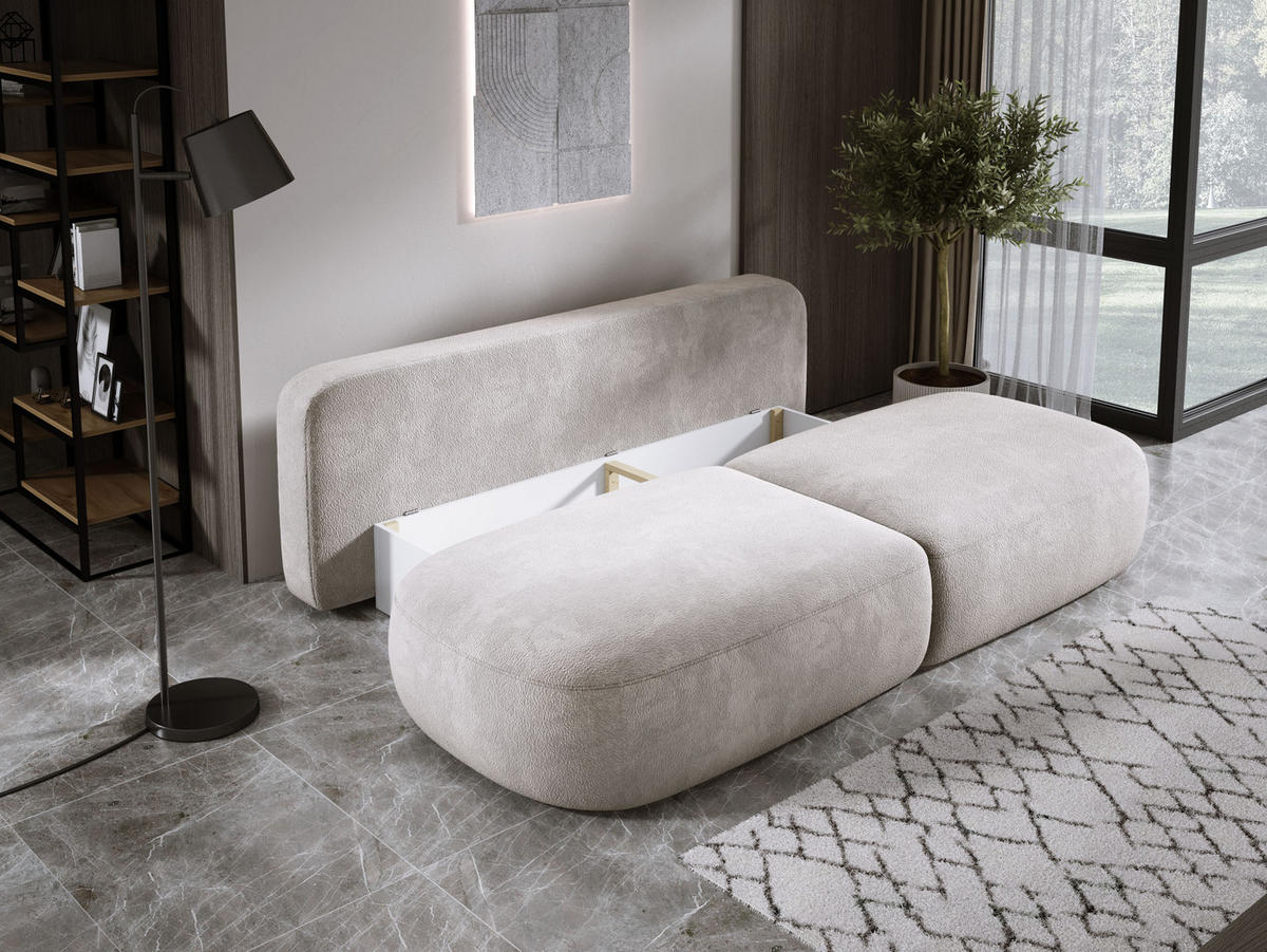 SCHLAFSOFA Moderne BABU mit Schlaffunktion – 3-Sitzer Sofa mit Bettkasten, DL-Automat, 2 Rückenkissen, 2 Zierkissen, 240x90x90 cm, Hellgrau - Greige, Holz/Textil (240/90/90cm) - DomoHome