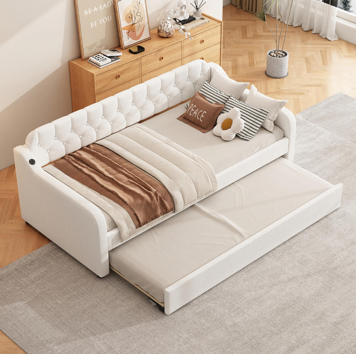 POLSTERBETT aus Leinen 90x200 cm Beige mit Ausziehbett, USB-Anschluss und schlichtem Design - Beige, Textil (90/200cm) - Modfu