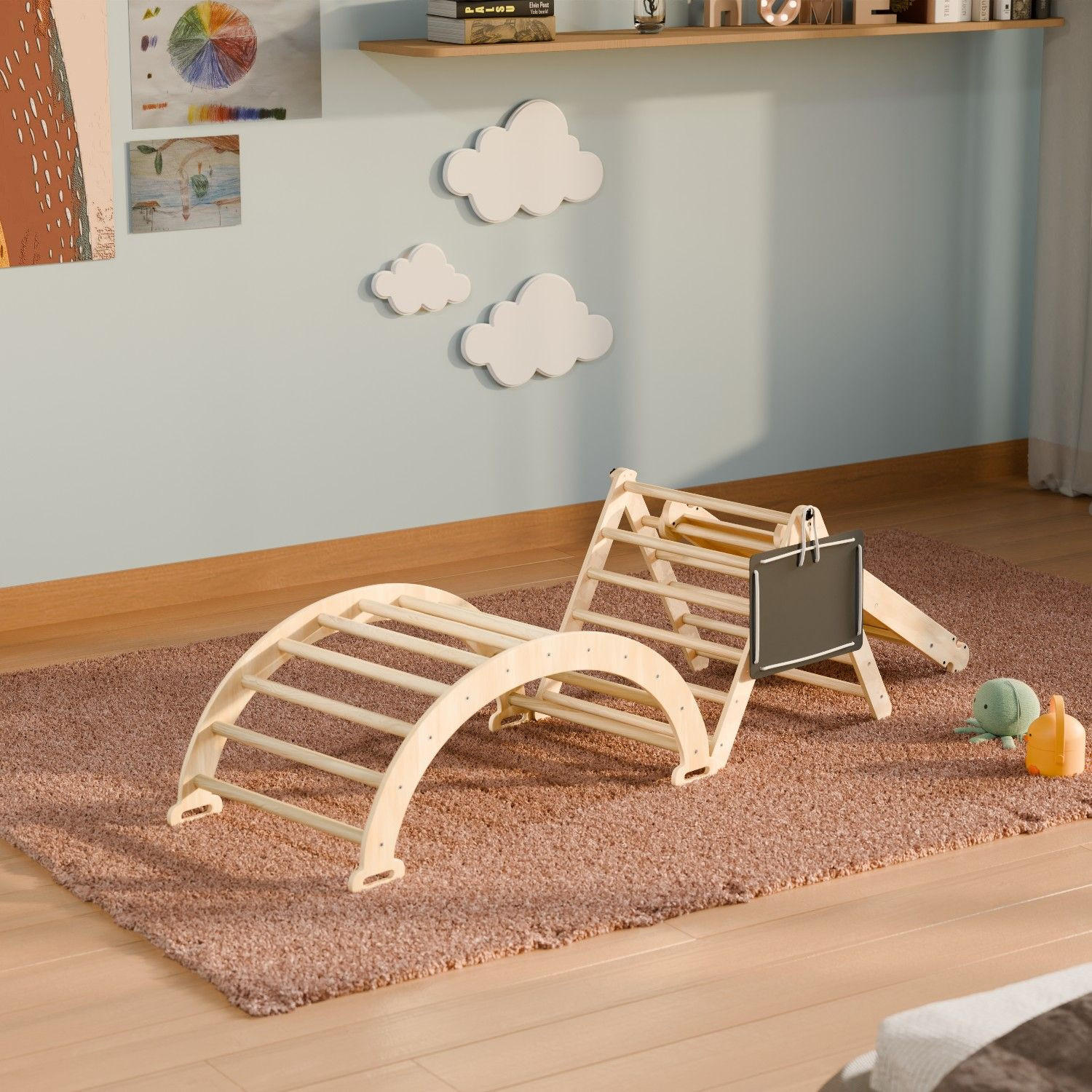 KLETTERDREIECK Movario mit Kissen 80x50cm - Klein - Naturfarben, Holz (54/55/54cm) - Juskys