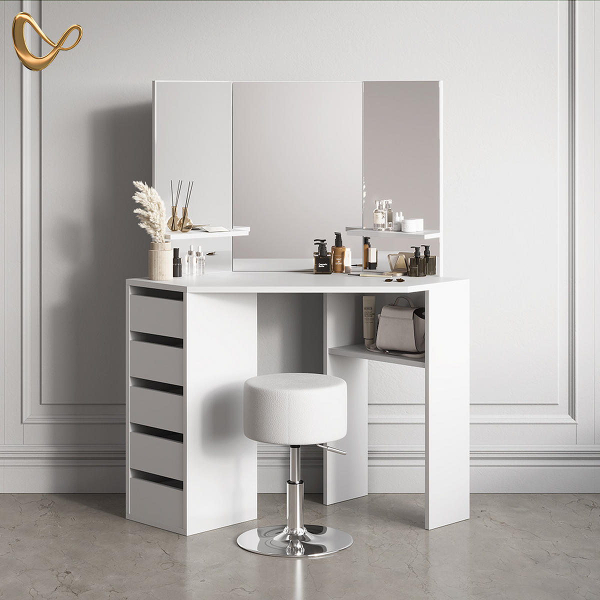 ECKSCHMINKTISCH Enna Weiß 110 cm mit Hocker - Weiß, Holzwerkstoff (110/141.5/54cm) - Livinity®