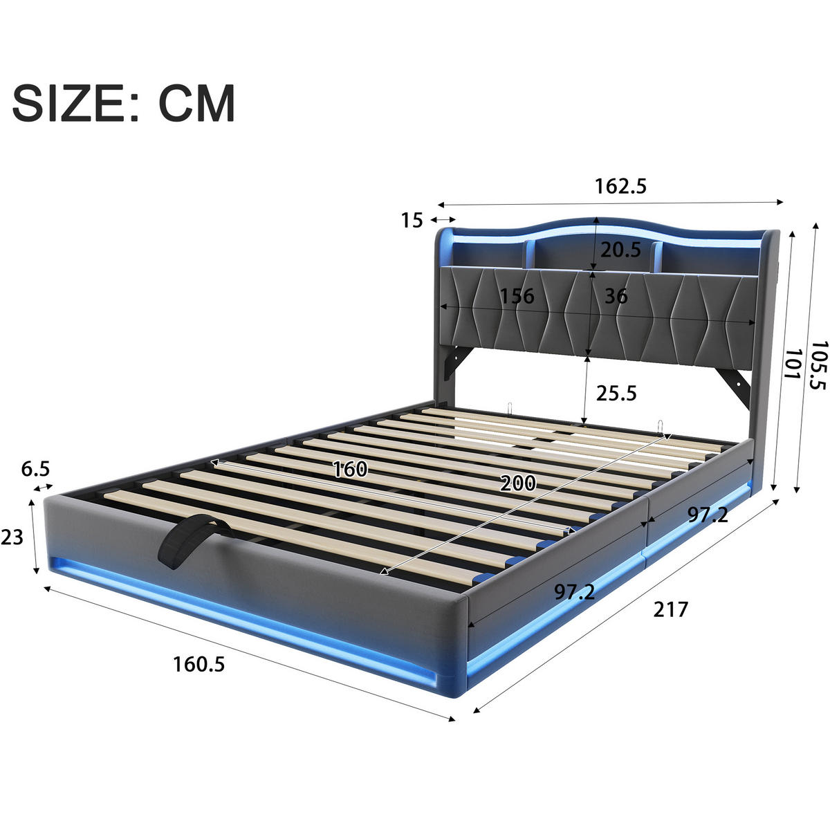 POLSTERBETT Rhombus 160/200 cm mit Bettkasten & App-LED Samtoptik Grau - Grau, Textil (160/200cm) - Creahappy