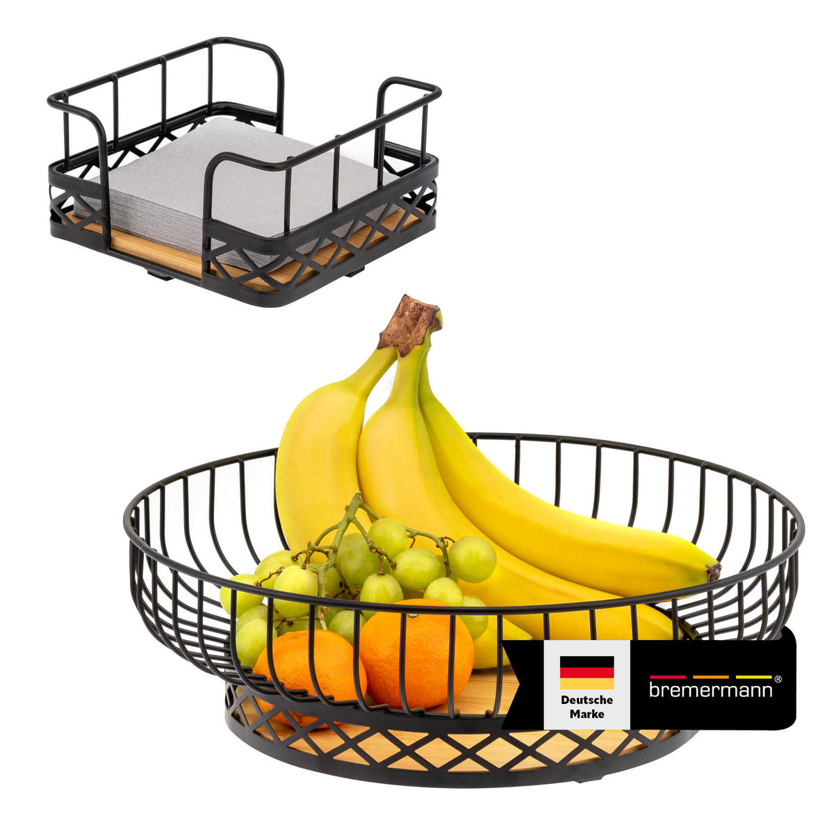 OBSTKORB mit Serviettenhalter, Bambus, Metall, schwarz - Schwarz, Metall (34/10.5cm) - bremermann