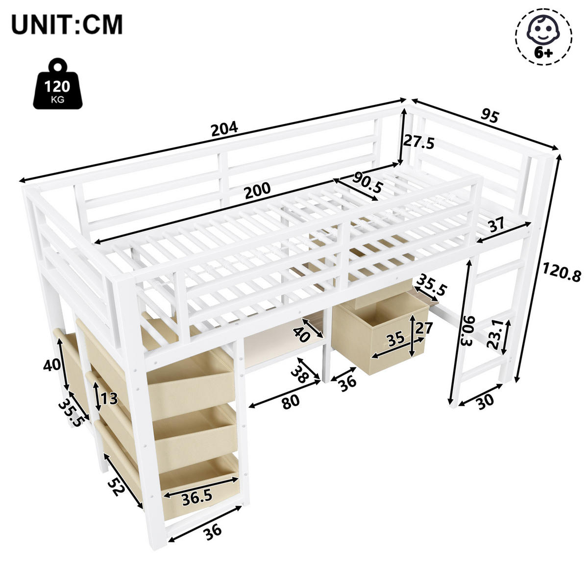 HALBHOHES Bett 90/200 cm mit LED-Beleuchtung, Sitzkissen, Stoffschublade und Hängebereich, Metall, Weiß - Weiß, Metall (90/200cm) - Redom