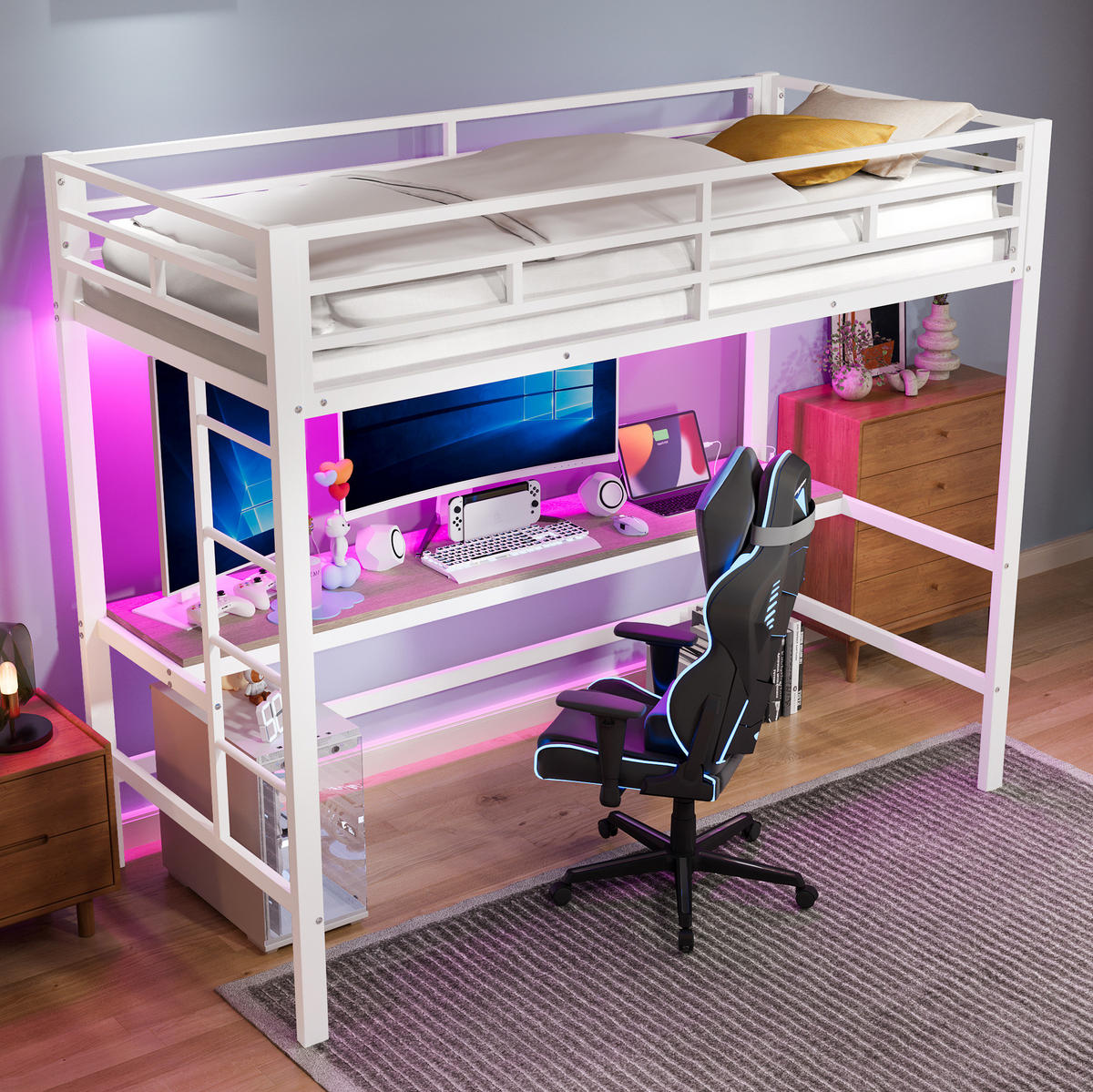 HOCHBETT 90/200 cm in Weiß mit Schreibtisch, LED-Beleuchtung und Ladeanschlüssen - Weiß, Metall (90/200cm) - Flora Grace