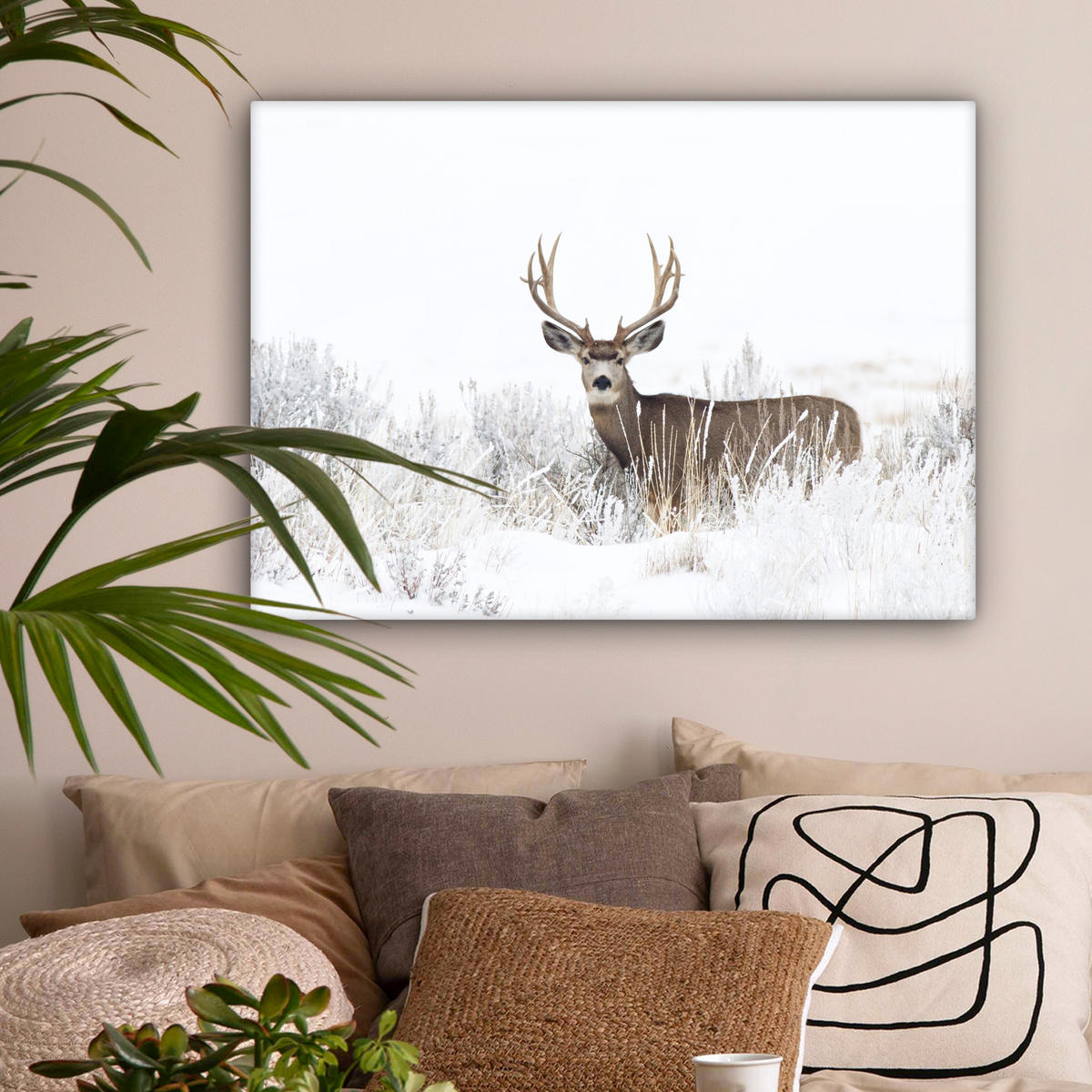 LEINWANDBILD Hirsche - Winter - Schnee - Tiere - Jahreszeiten - Weiß Wandbilder 80x60 cm - Hellbraun, Textil (80/60cm) - MuchoWow