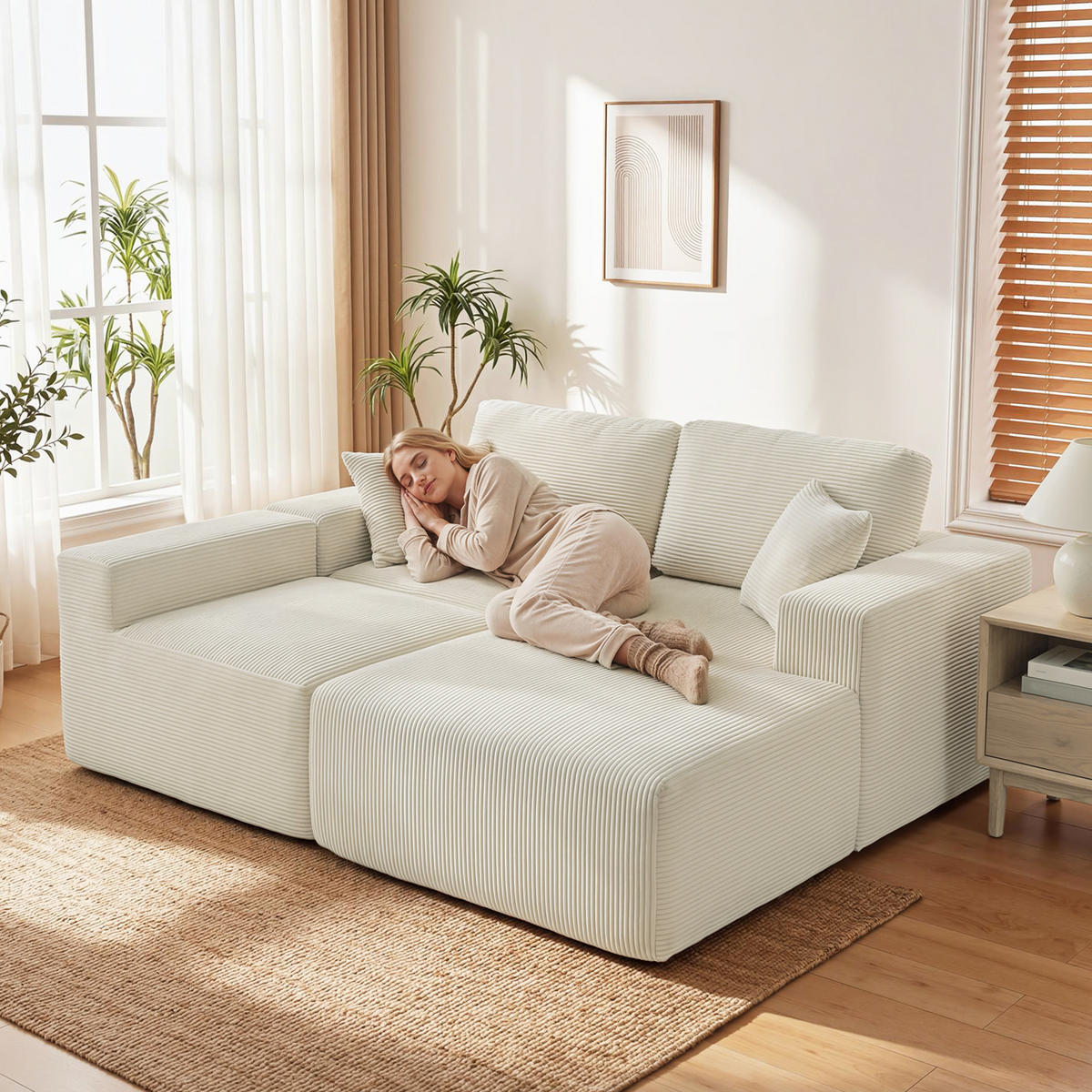 ECKSOFA DE-13510 2-in-1, verwandelbar in Sofabett Creme - Creme, Textil (168/267cm) - ComfortXL