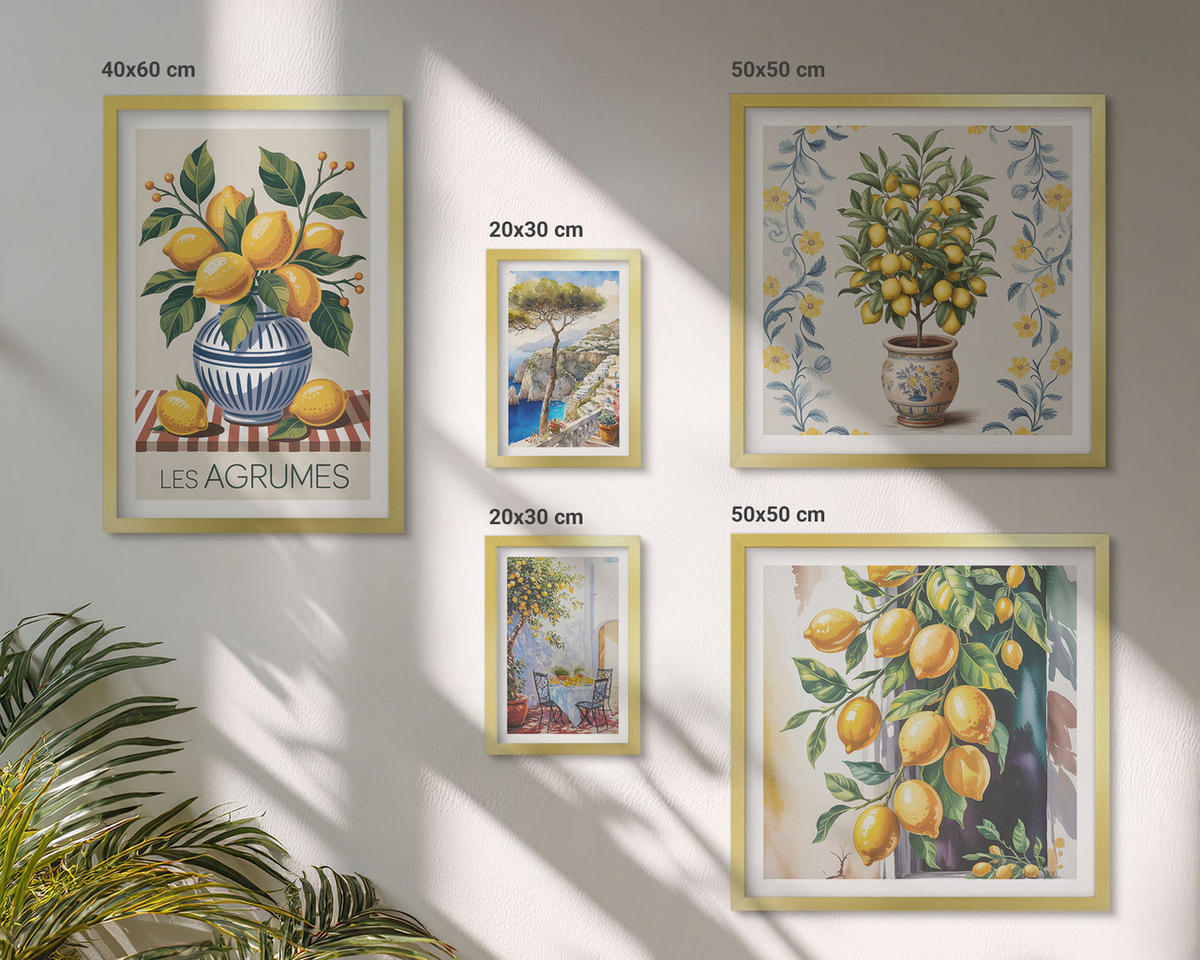 WANDBILDER 5er Set - 50x50 cm & 20x30 cm & 40x60 cm Goldrahmen - Zitronenbäume am Meer - Goldfarben, Kunststoff (40/60cm) - ArtPrintCave