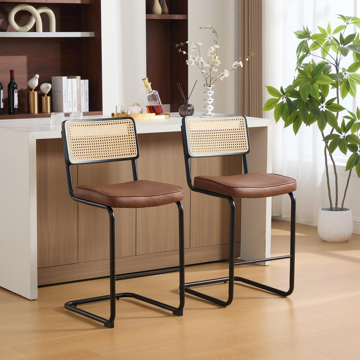 BARHOCKER DE-36899 2er-Set mit Holzrahmen und Rattan-Optik Braun - Braun, Metall (53.5/98/47cm) - ComfortXL